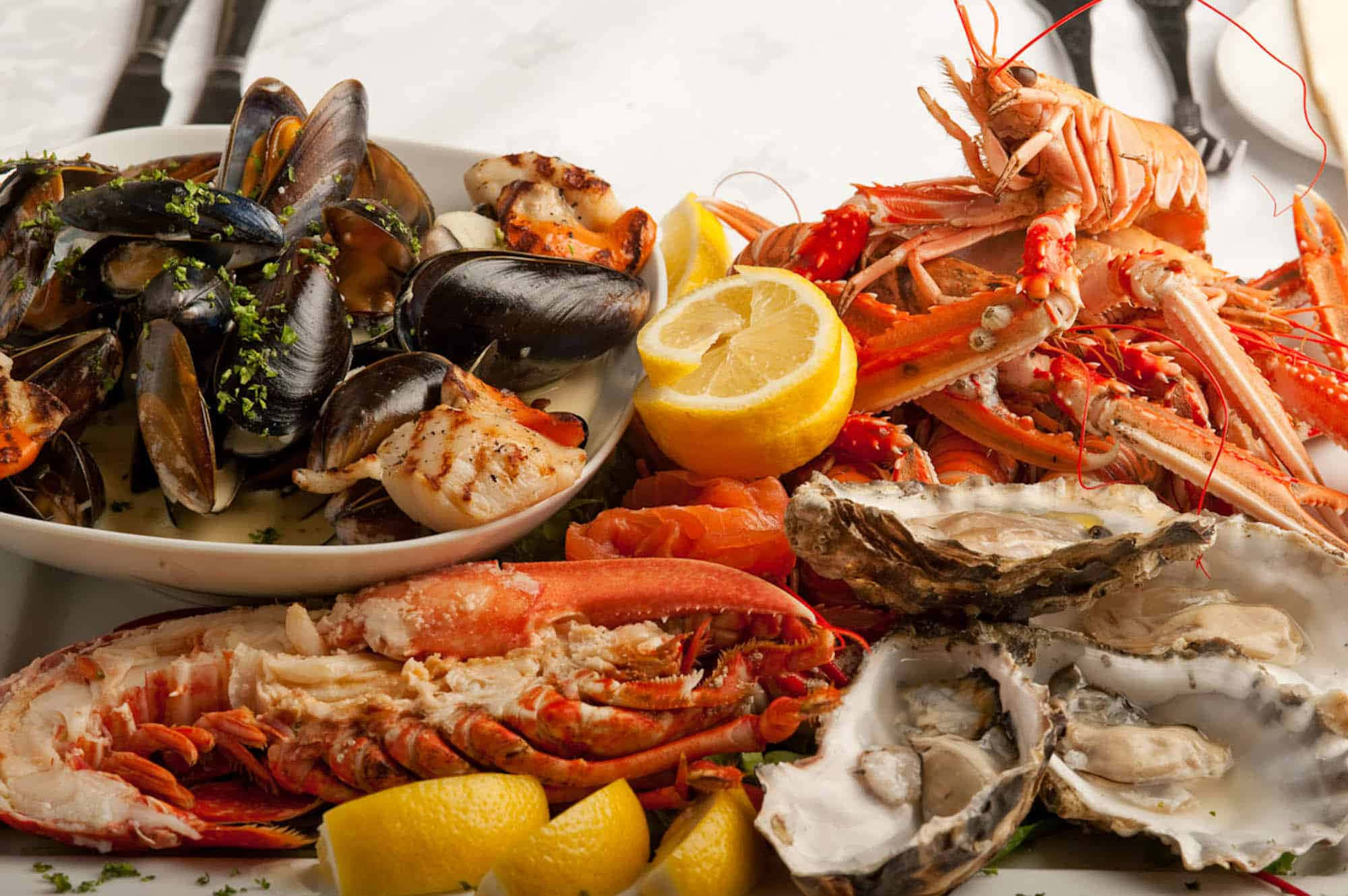 Seafood 桌布 壁紙 — 一個豐盛的海鮮拼盤，包含青口、蜆、龍蝦、生蠔和檸檬角，擺放在白色碟子上。