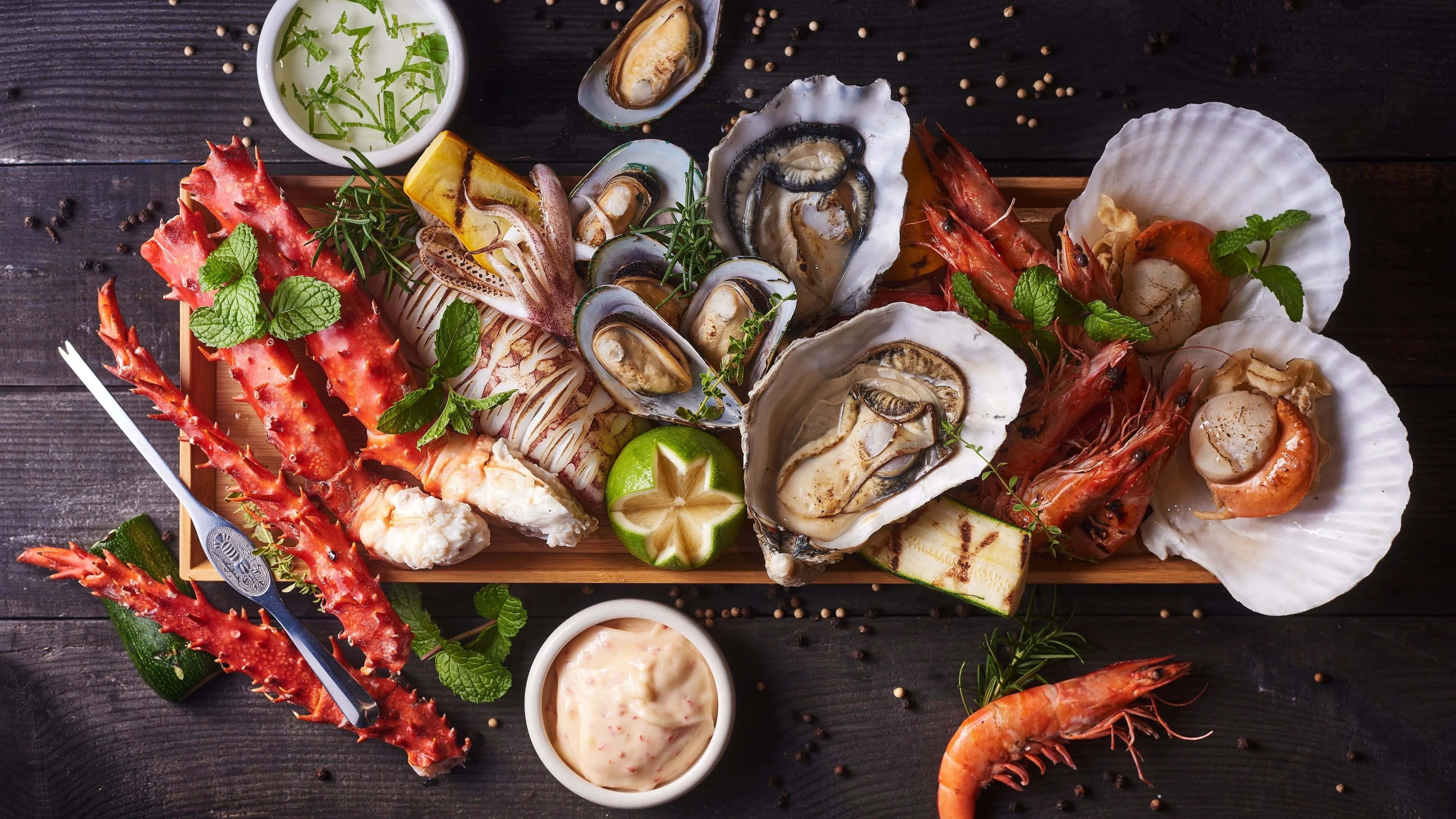 Seafood 桌布 壁紙 — 一個豪華的海鮮拼盤，包括蟹腳、生蠔、扇貝和蝦，用薄荷和青檸裝飾，放在深色木板上。