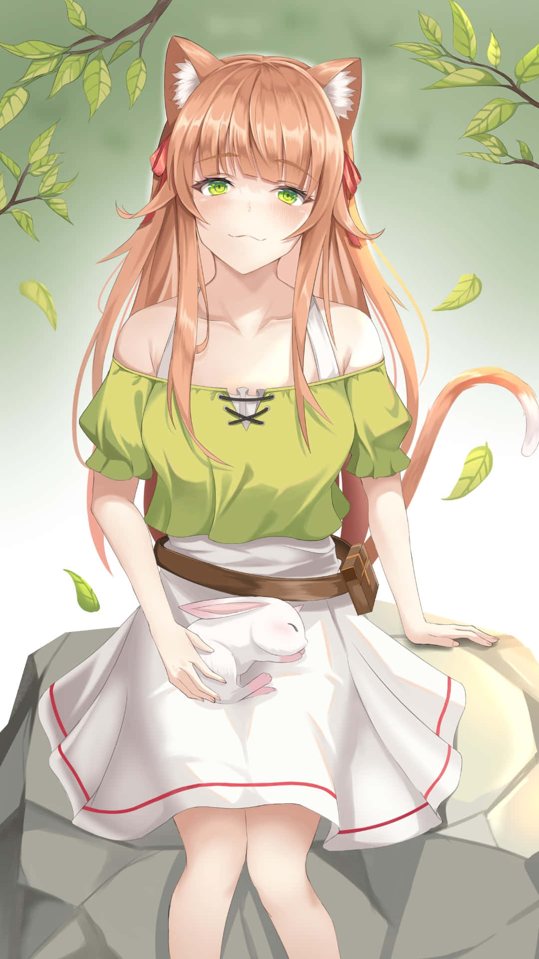 Beast Tamer 桌布 壁紙 — 一個貓耳動漫女孩，綠色眼睛，坐在岩石上，抱著一隻小兔子，周圍有落葉飄落。