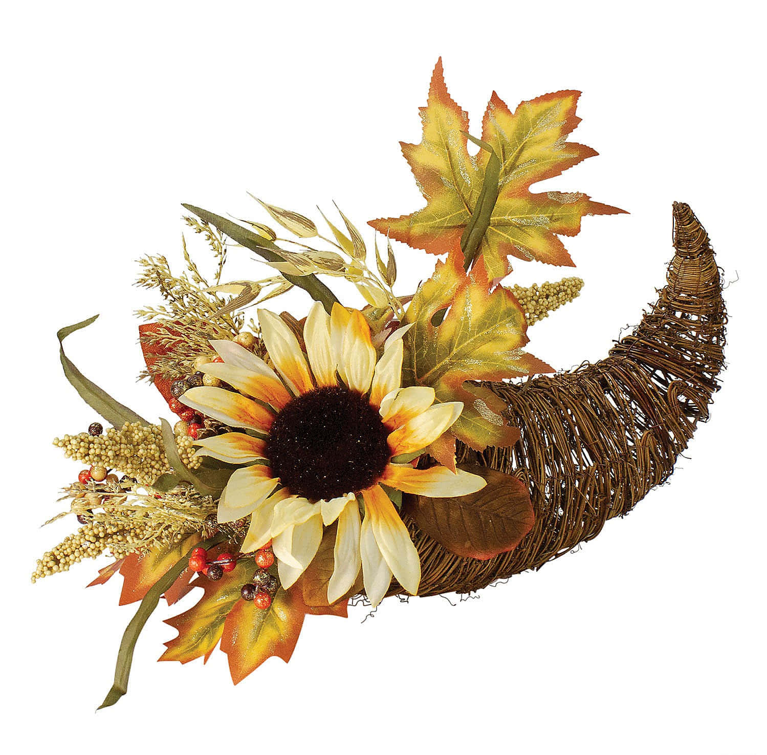Fall Cornucopia 桌布 壁紙 — 一個質樸的編織豐收角，裝滿了向日葵、秋葉、漿果和小麥，背景為白色。