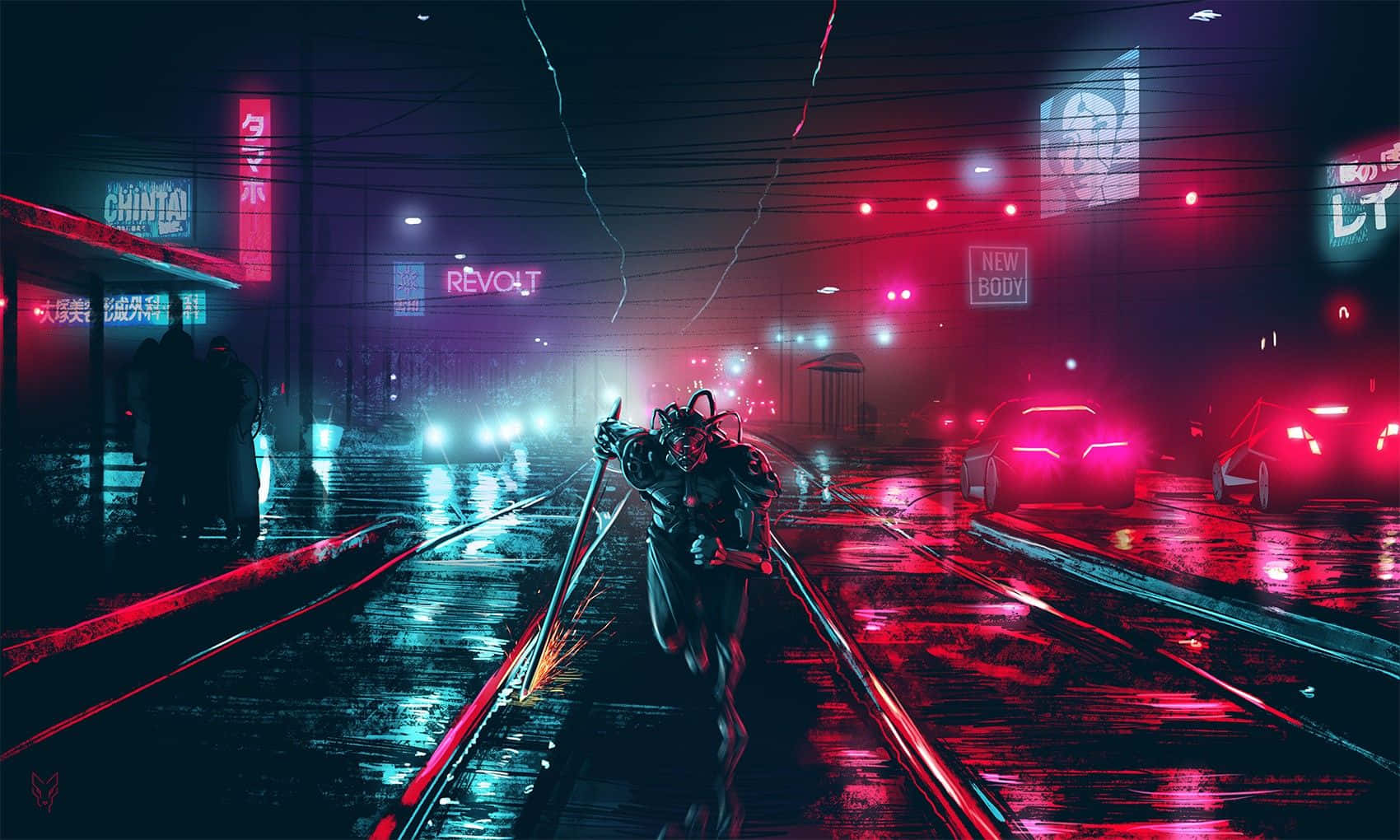 Dark Cyberpunk 桌布 壁紙 — 一個賽博朋克人物在霓虹燈閃爍、雨水浸濕的街道上奔跑，周圍有發光的招牌和未來感十足的汽車。