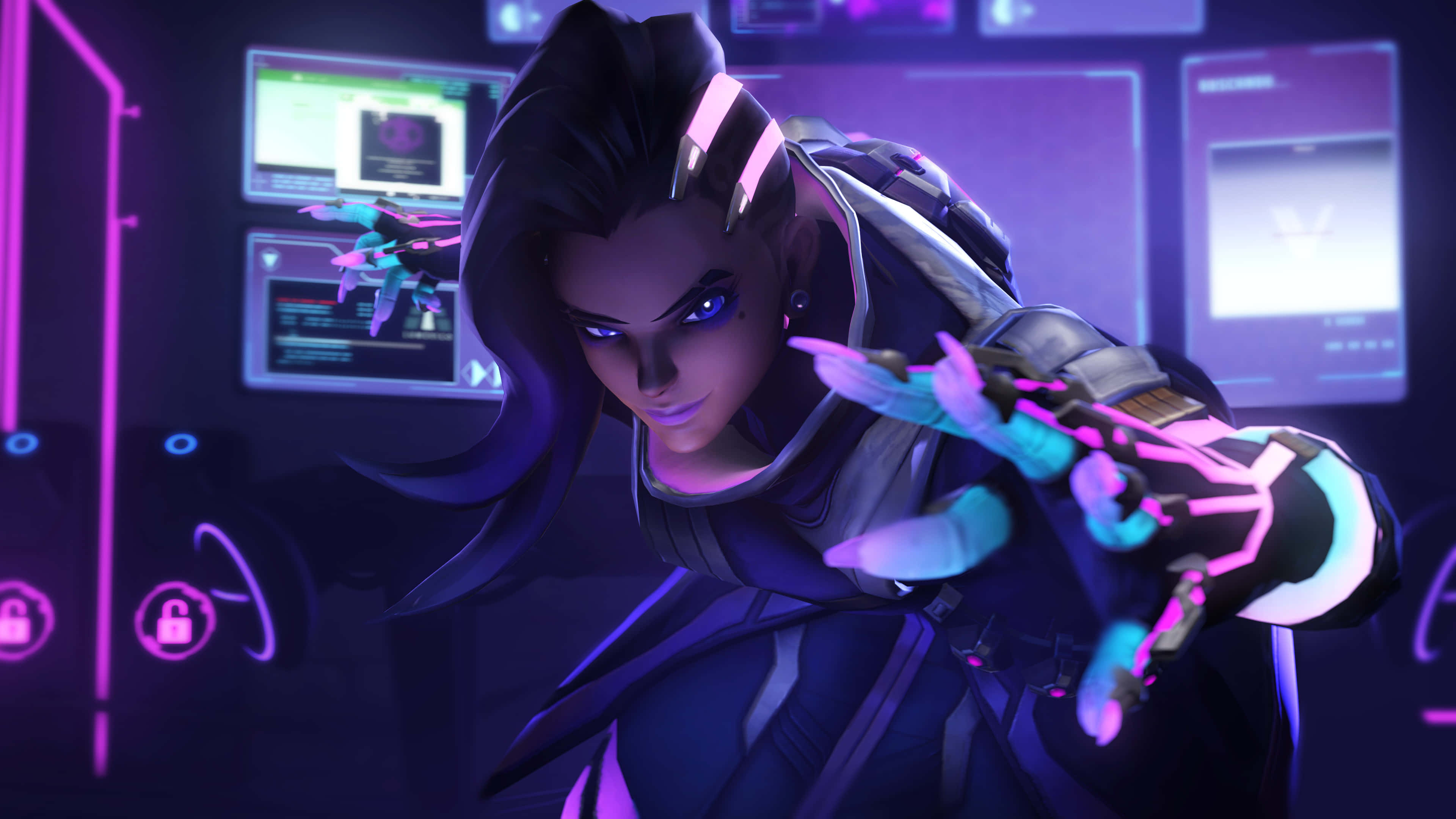 Aesthetic Overwatch 桌布 壁紙 — 一個賽博朋克動漫角色，擁有發光的紫色眼睛和螢光粉紅色的機械手套，在一個充滿紫色光線的高科技控制室中伸出手。