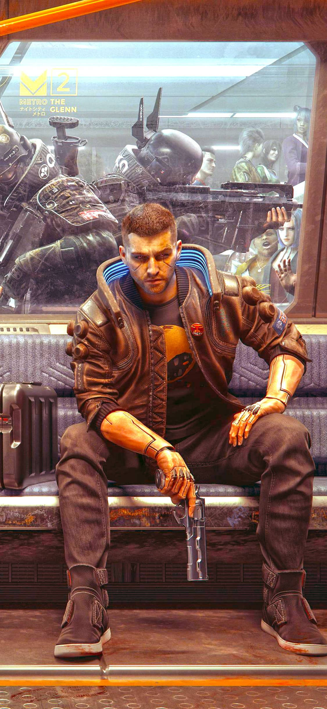 cyberpunk 2077 iPhone 桌布 壁紙 — 一個賽博朋克男人帶著機械手臂坐在地鐵長椅上，手持手槍，乘客透過窗戶觀看。