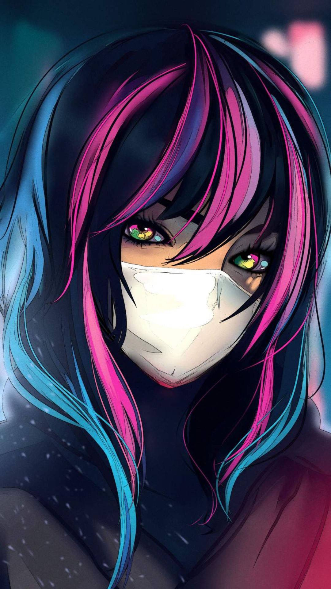 Anime Girl Phone 桌布 壁紙 — 一個賽博龐克動漫女孩，眼睛發光，頭髮是霓虹粉藍色，戴著白色面具，背景是黑暗發光的城市。