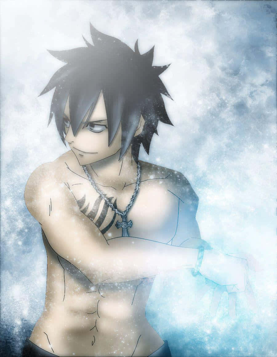 Gray Fullbuster 桌布 壁紙 — 一個赤裸上身的動畫男性，擁有刺蝟般的黑色頭髮和十字架項鍊，站在旋轉的藍白宇宙背景前。