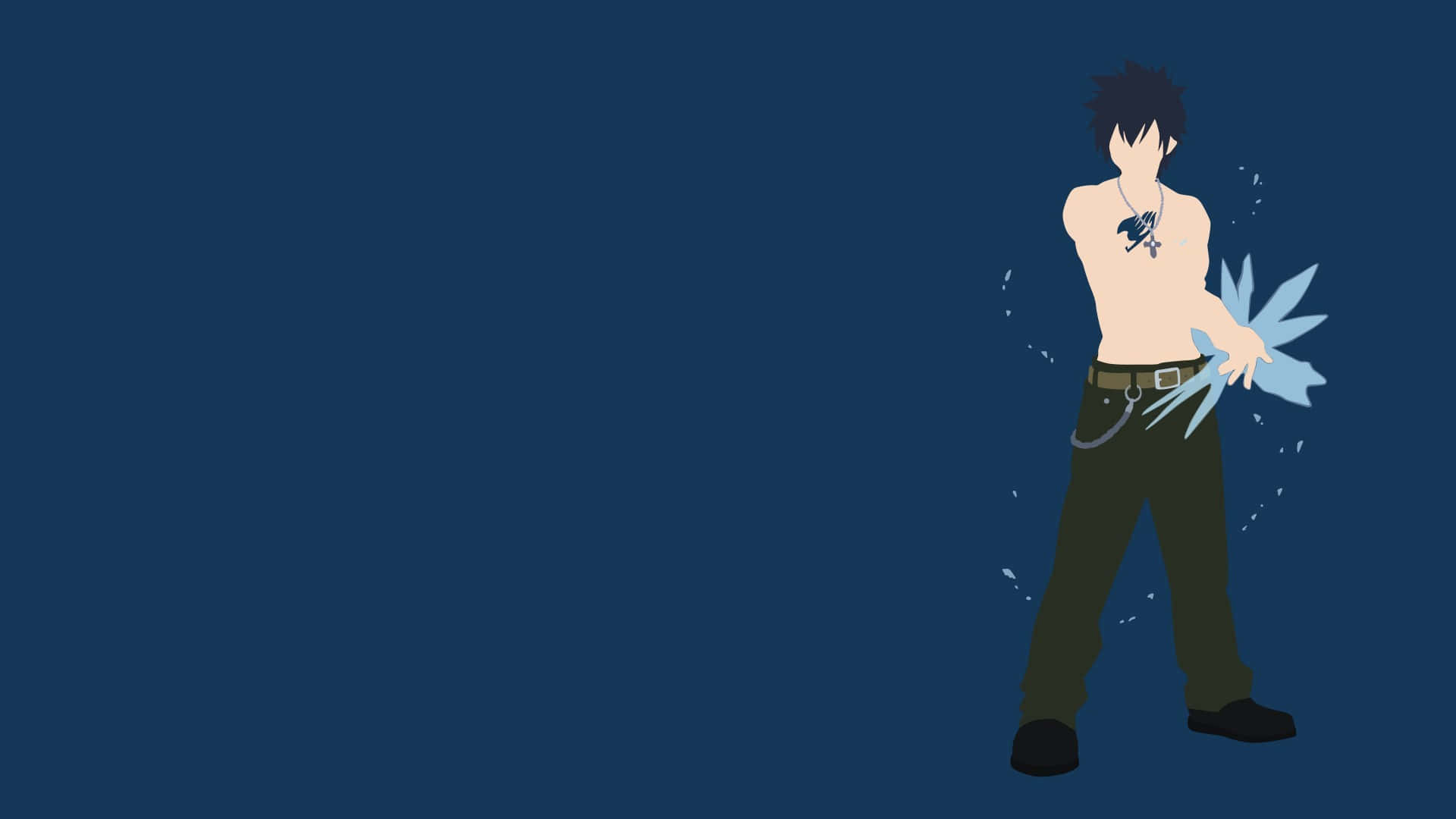 Gray Fullbuster 桌布 壁紙 — 一個赤裸上身的動畫男性角色，深色頭髮，手持發光的藍色冰武器，背景為純海軍藍。