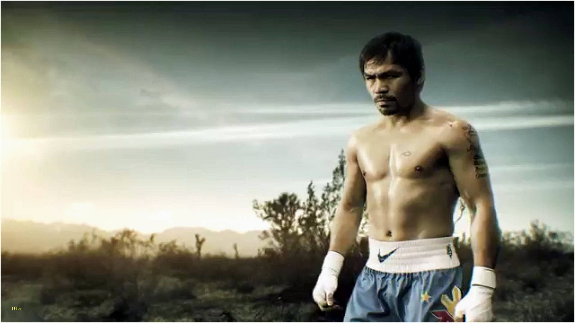 Manny Pacquiao In TV Ad 壁紙 — 一個赤裸上身的拳擊手在日出時站在沙漠景觀中，帶著堅定的表情和戴上拳擊手套。