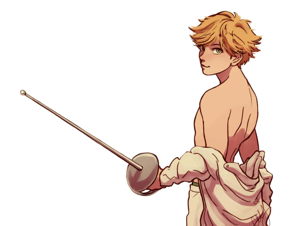 Adrien Agreste 桌布 壁紙 — 一個赤裸上身的金髮動漫男孩，披著輕便長袍，手持劍擊劍，背景為純白色。