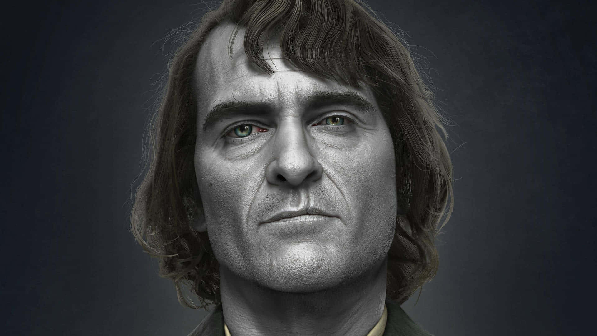 Arthur Fleck 桌布 壁紙 — 一個超寫實的數碼肖像，描繪一位擁有強烈綠色眼睛和凌亂棕色頭髮的男子，背景為深灰色。