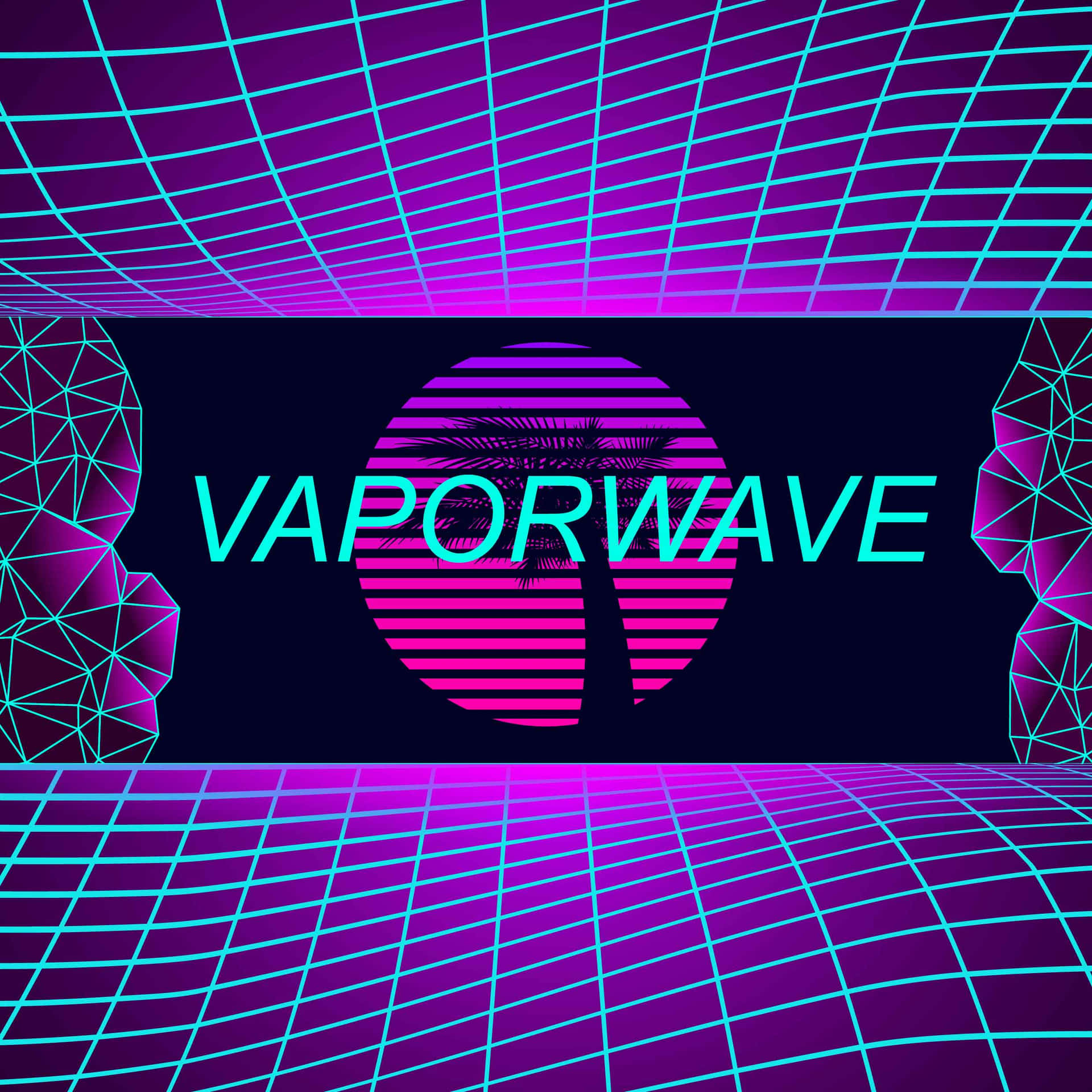 Vaporwave 數位藝術，帶有霓虹網格和棕櫚樹剪影。