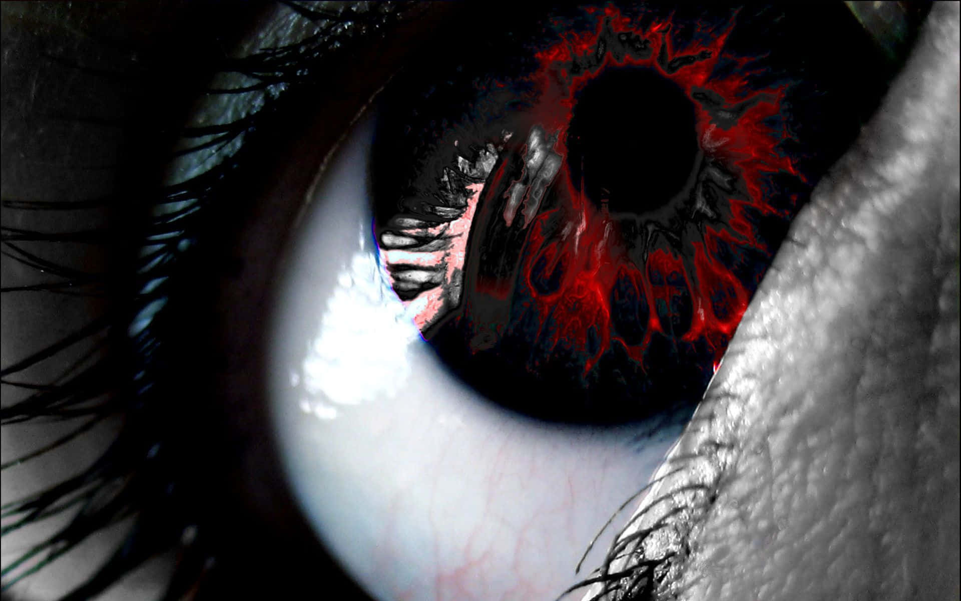 Eyes 桌布 壁紙 — 一個超現實特寫的人類眼睛，黑色瞳孔被鮮紅色分形圖案包圍，背景為單色。
