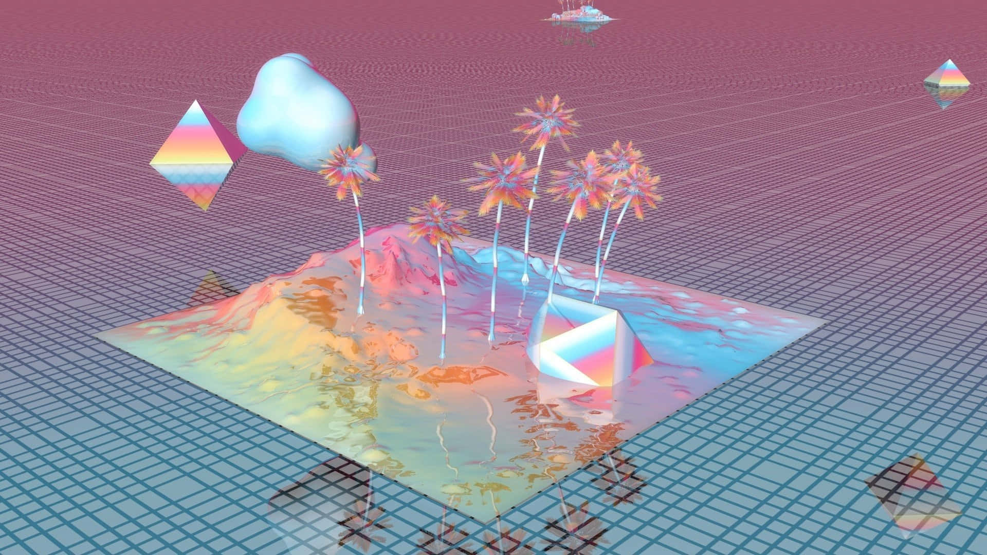 柔和美學 桌布 壁紙 — 一個超現實的3D渲染島嶼，有棕櫚樹和幾何形狀漂浮在網格上，下方是粉彩天空。