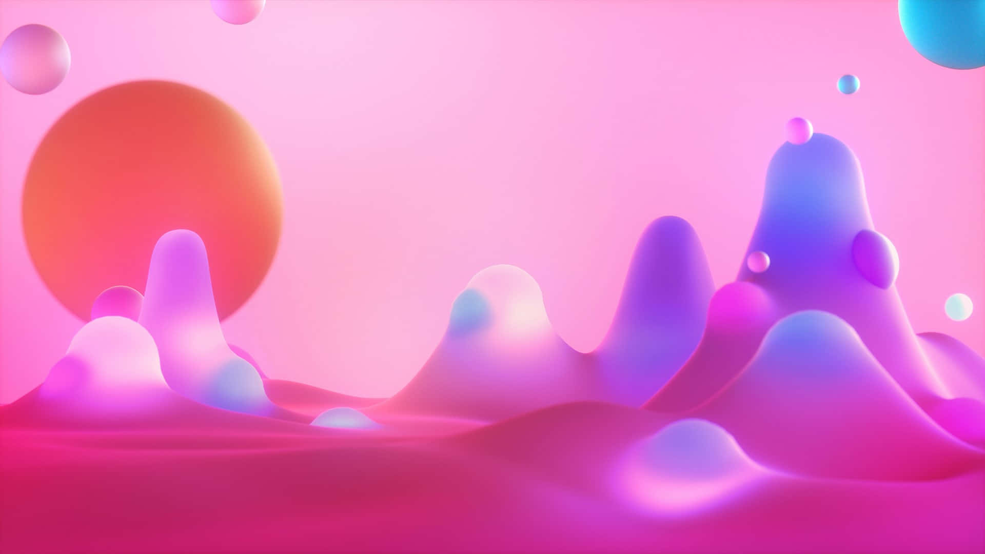 3d Graphics 桌布 壁紙 — 一個超現實的3D渲染景觀，有發光的粉紫色山丘和漂浮的球體，在柔和的橙色太陽下。