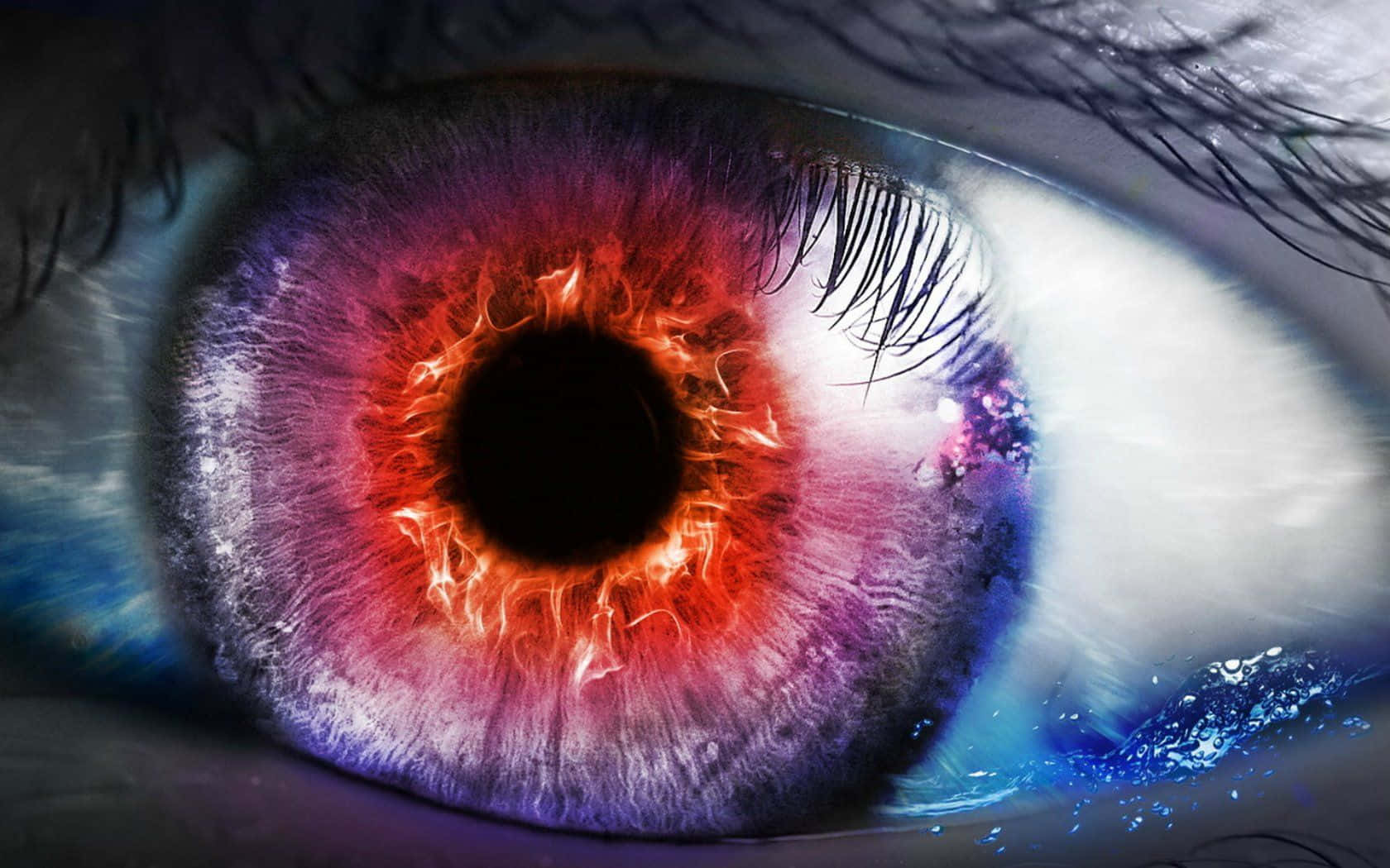 Eyes 桌布 壁紙 — 一個超現實的人類眼睛特寫，瞳孔周圍有火紅的火焰旋轉，鞏膜上有冰冷的藍色水滴。