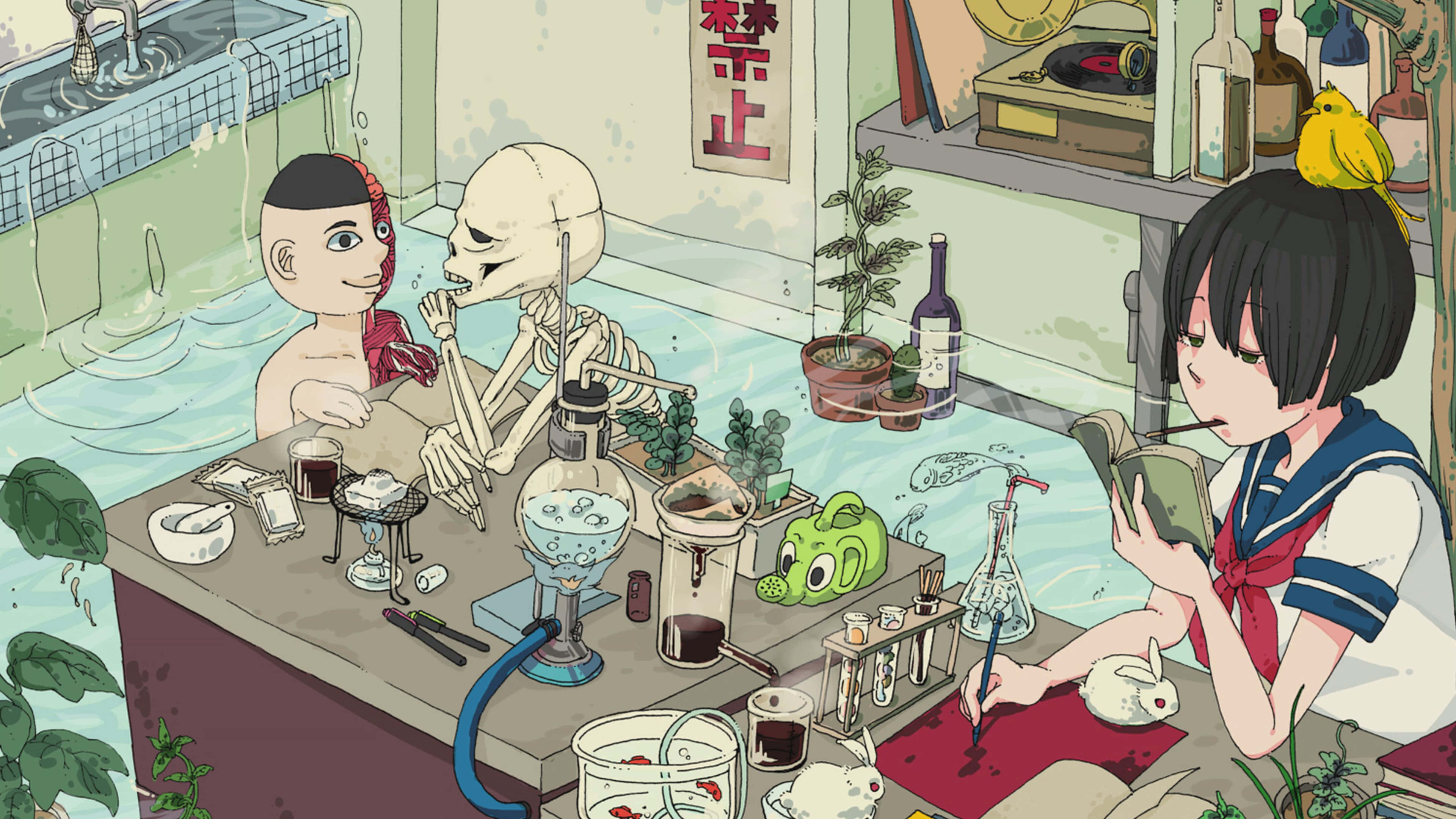 Cartoon Science 桌布 壁紙 — 一個超現實的動畫場景，男孩和骷髏與穿著水手服的女孩共用浴缸，女孩在閱讀，周圍是實驗室設備和植物。