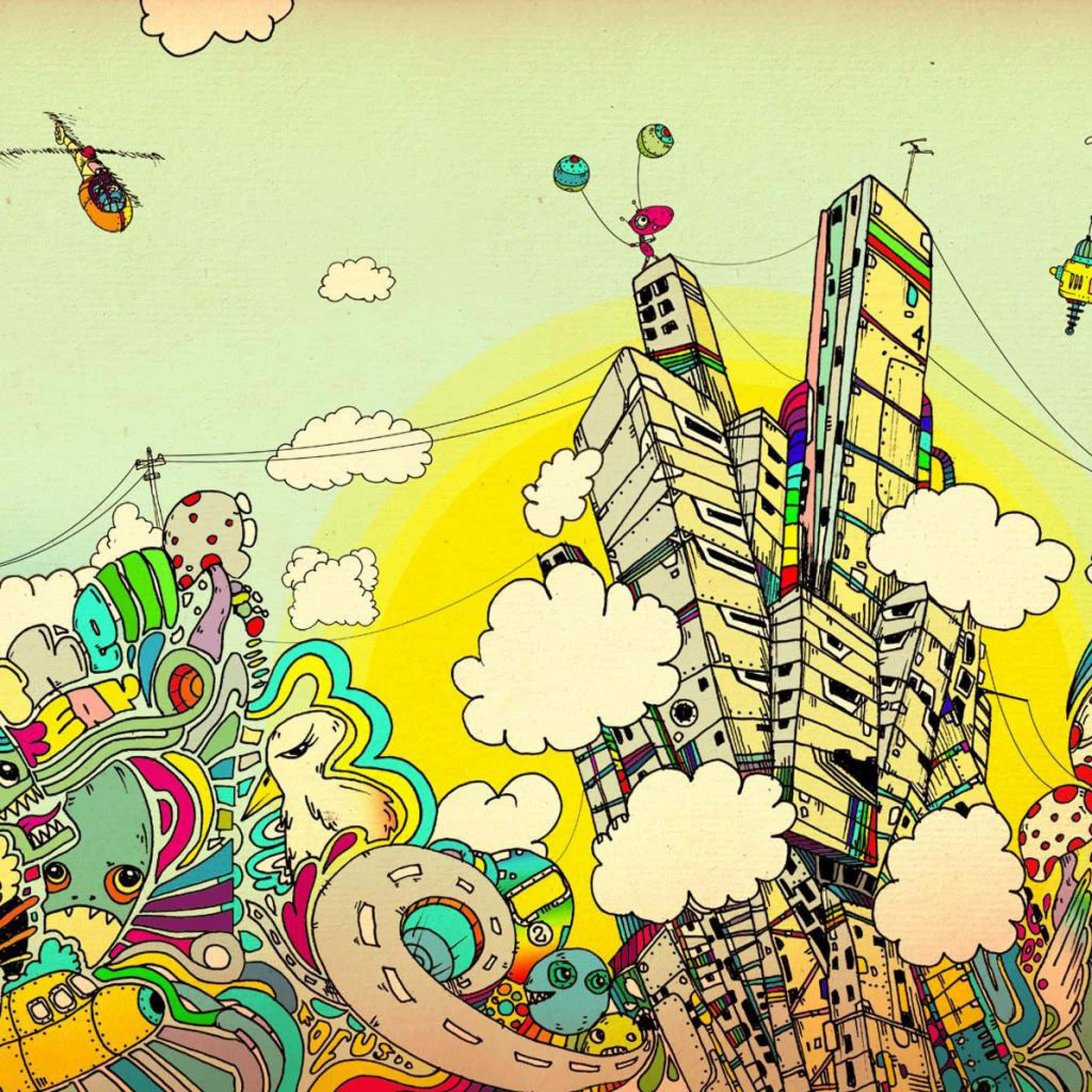 Cartoon Drawing 桌布 壁紙 — 一個超現實的卡通城市景觀，有異想天開的生物和漂浮的建築，在明亮的黃色太陽下。