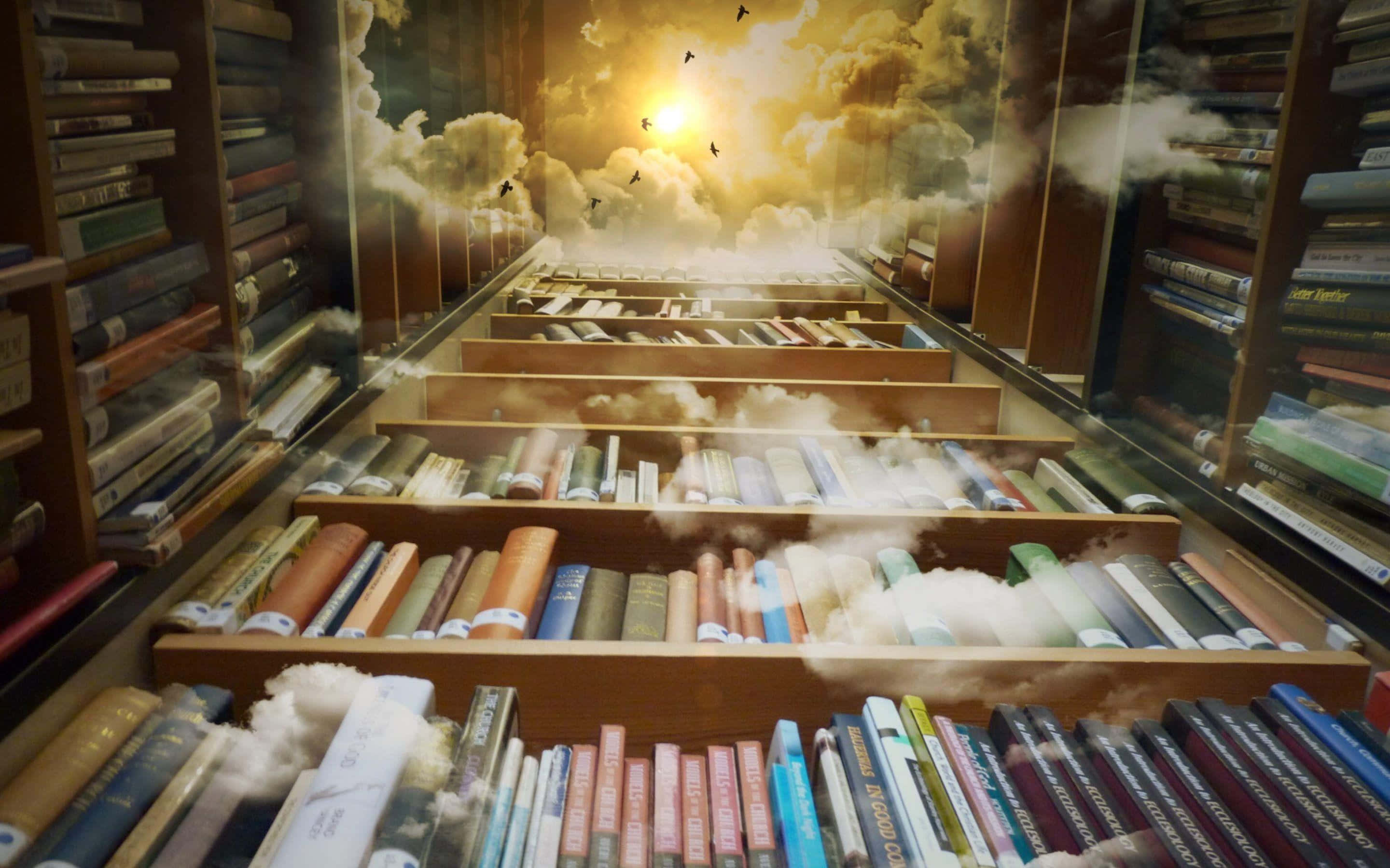 Mystical 桌布 壁紙 — 一個超現實的圖書館，書架升入充滿雲朵和飛鳥的金色天空。