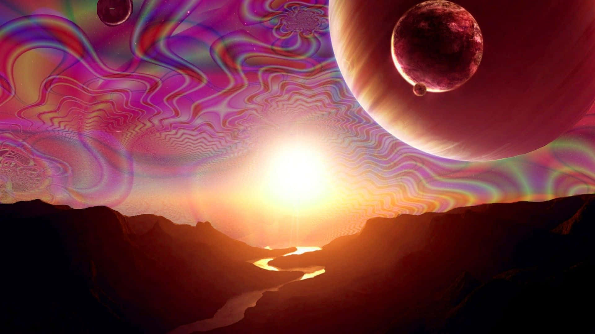 Trippy Space 桌布 壁紙 — 一個超現實的外星峽谷，沐浴在金色的日落光芒中，有旋轉的迷幻天空和漂浮的行星。