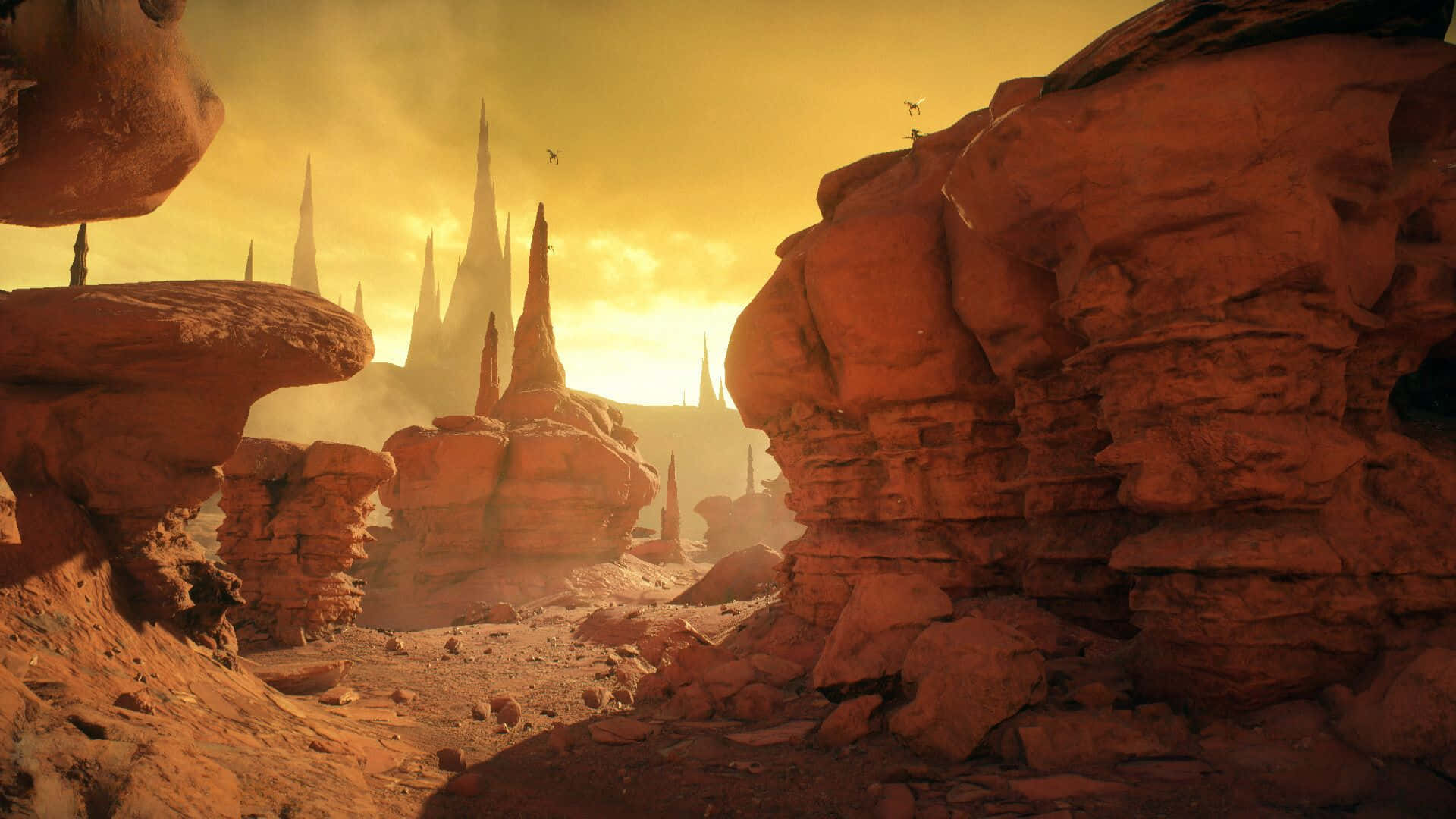 Geonosis 桌布 壁紙 — 一個超現實的外星峽谷，高聳的紅色岩層沐浴在金色的日落光芒中。