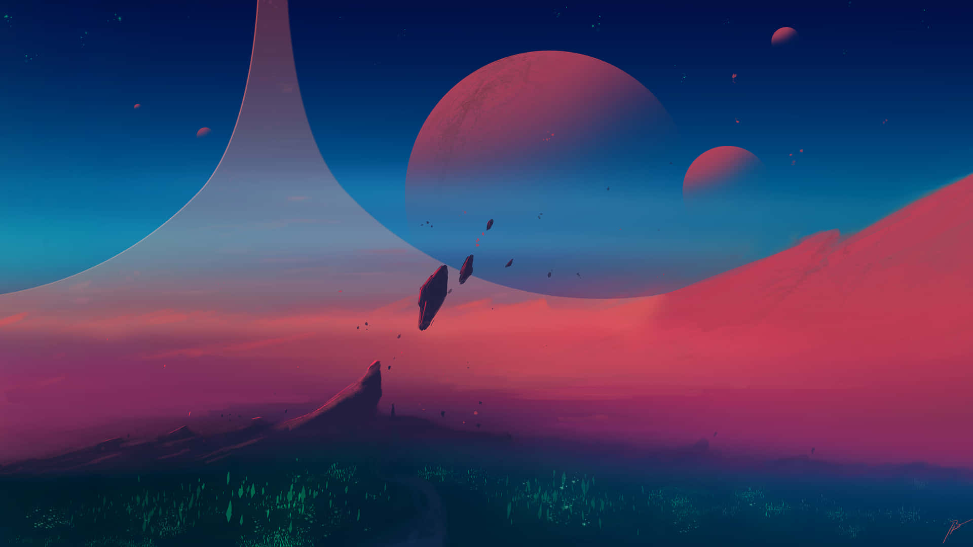Digital Art 桌布 壁紙 — 一個超現實的外星景觀，在暮色天空下有發光的綠色植物、巨大的粉紅色和藍色行星以及漂浮的岩石。