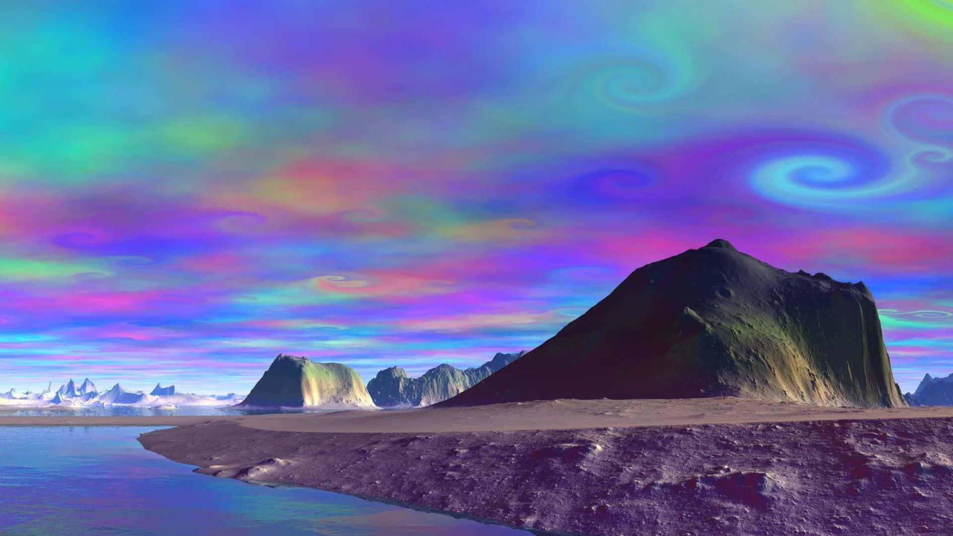 Trippy Sky 桌布 壁紙 — 一個超現實的外星景觀，崎嶇的山脈在旋轉的多彩天空下，倒映在平靜的水面上。