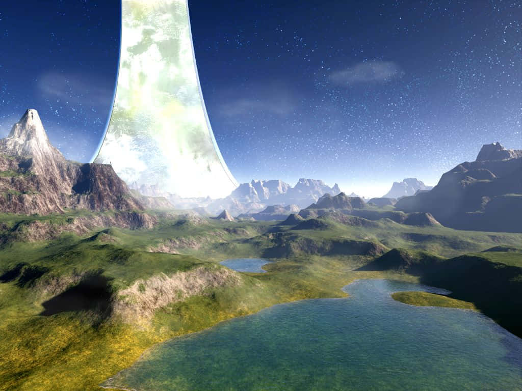 Halo Ring 桌布 壁紙 — 一個超現實的外星景觀，巨大的發光月亮拱起在綠色山丘和湖泊之上，星空下。