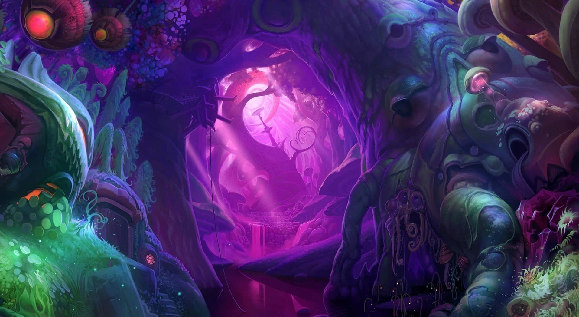 Psychedelic 3d Art 桌布 壁紙 — 一個超現實的外星洞穴，散發著霓虹紫和綠色生物發光植物及有機結構的光芒。