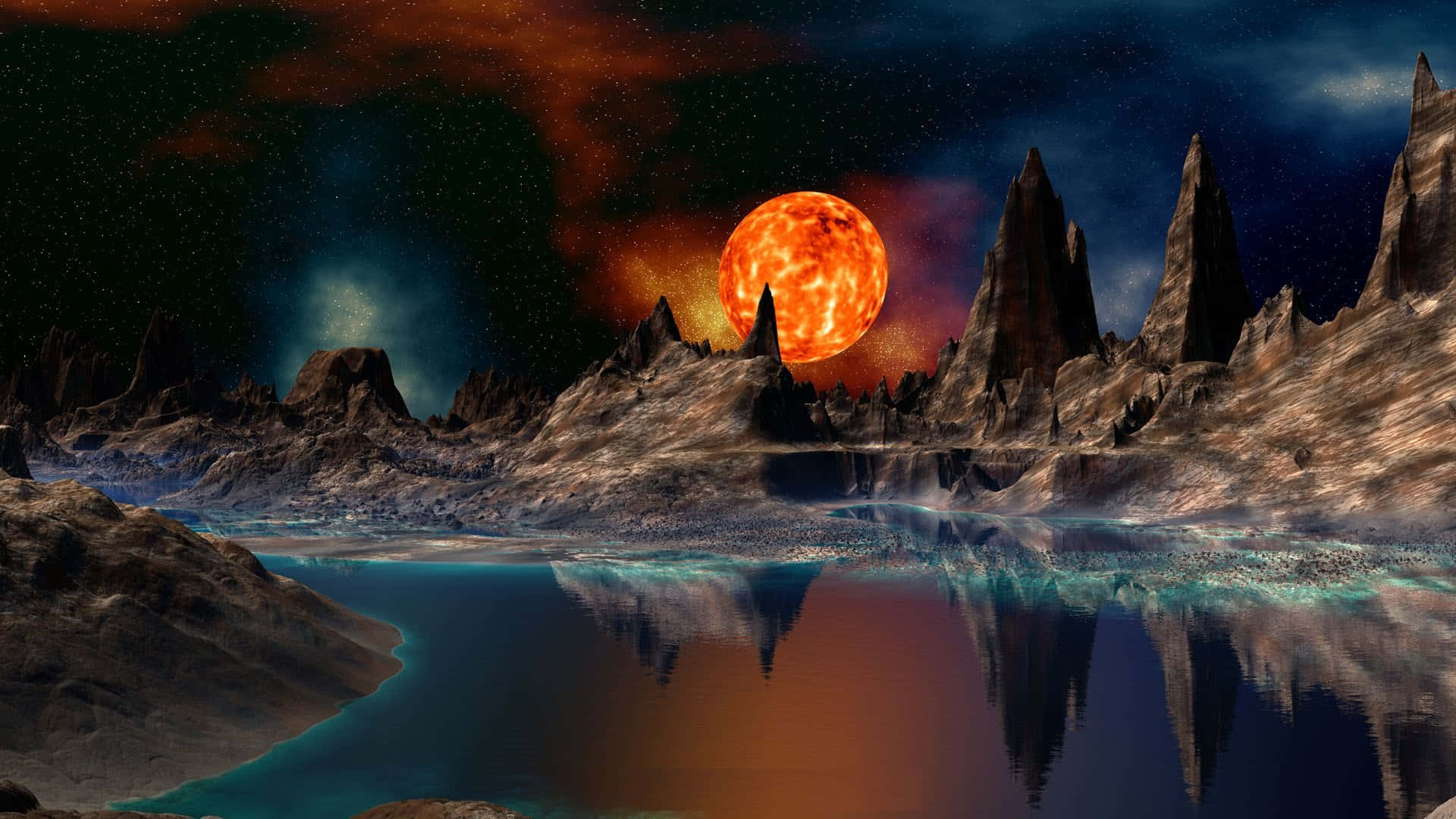 太陽 桌布 壁紙 — 一個超現實的外星風景，有鋸齒狀的山脈和一個發光的橙色太陽，在星空下平靜的藍綠色湖面上反射。