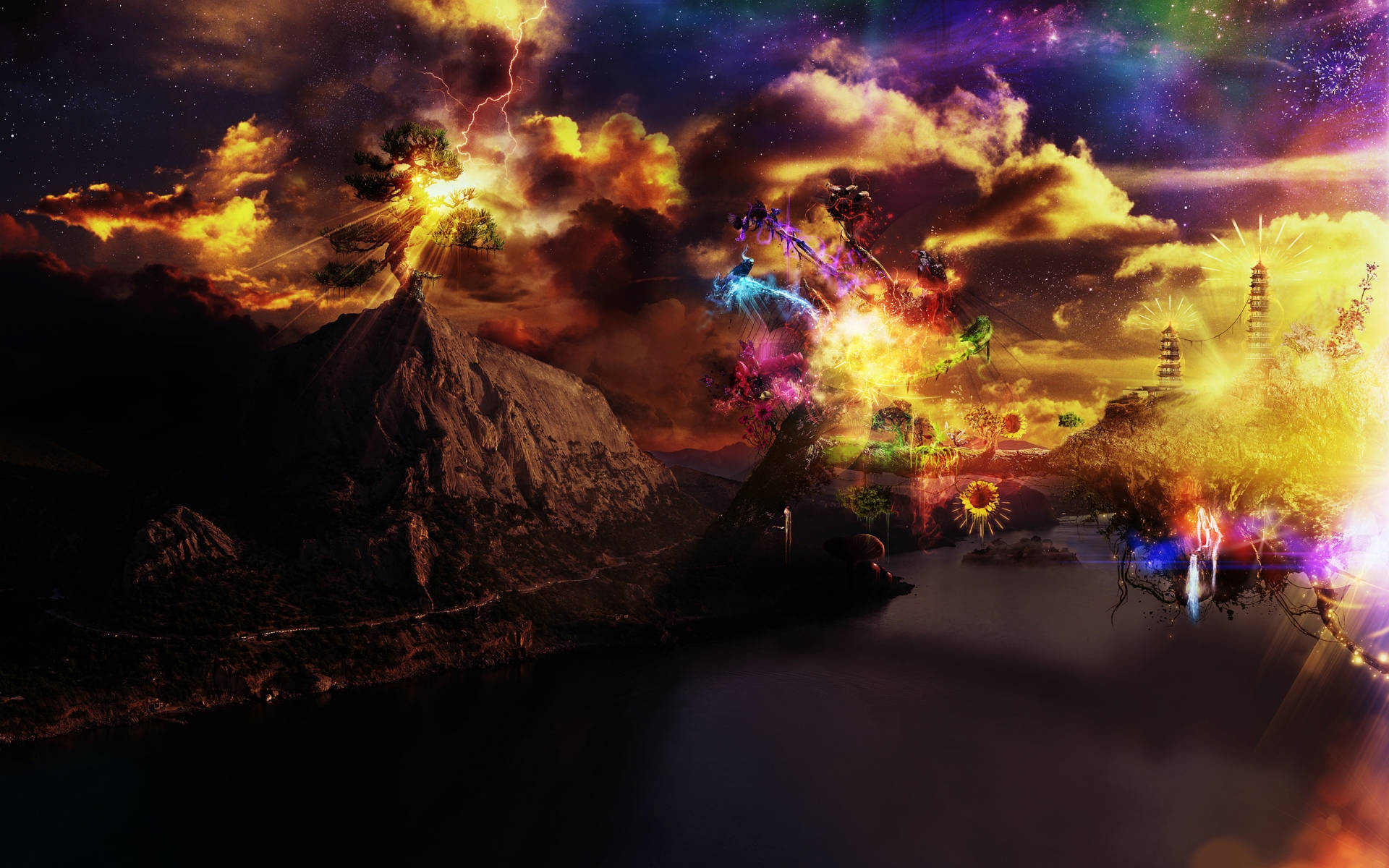 雲 桌布 壁紙 — 一個超現實的奇幻景觀，有山、發光的樹和宇宙風暴，在星空下反射的湖面上。