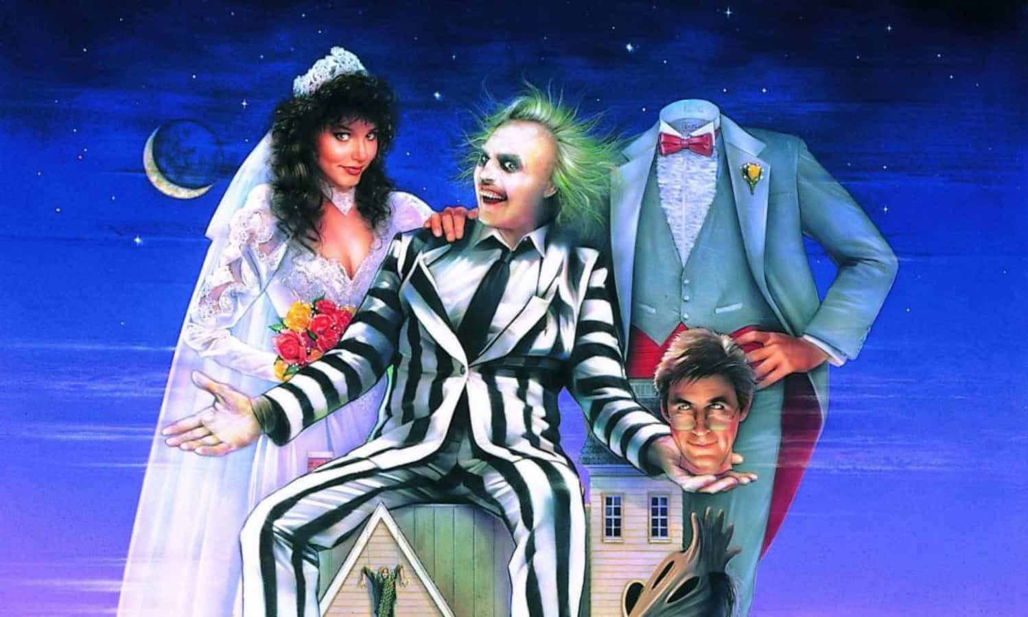 Beetlejuice 桌布 壁紙 — 一個超現實的婚禮場景，Beetlejuice 穿著條紋西裝，新娘和幽靈新郎，背景是帶有彎月的星空夜空。