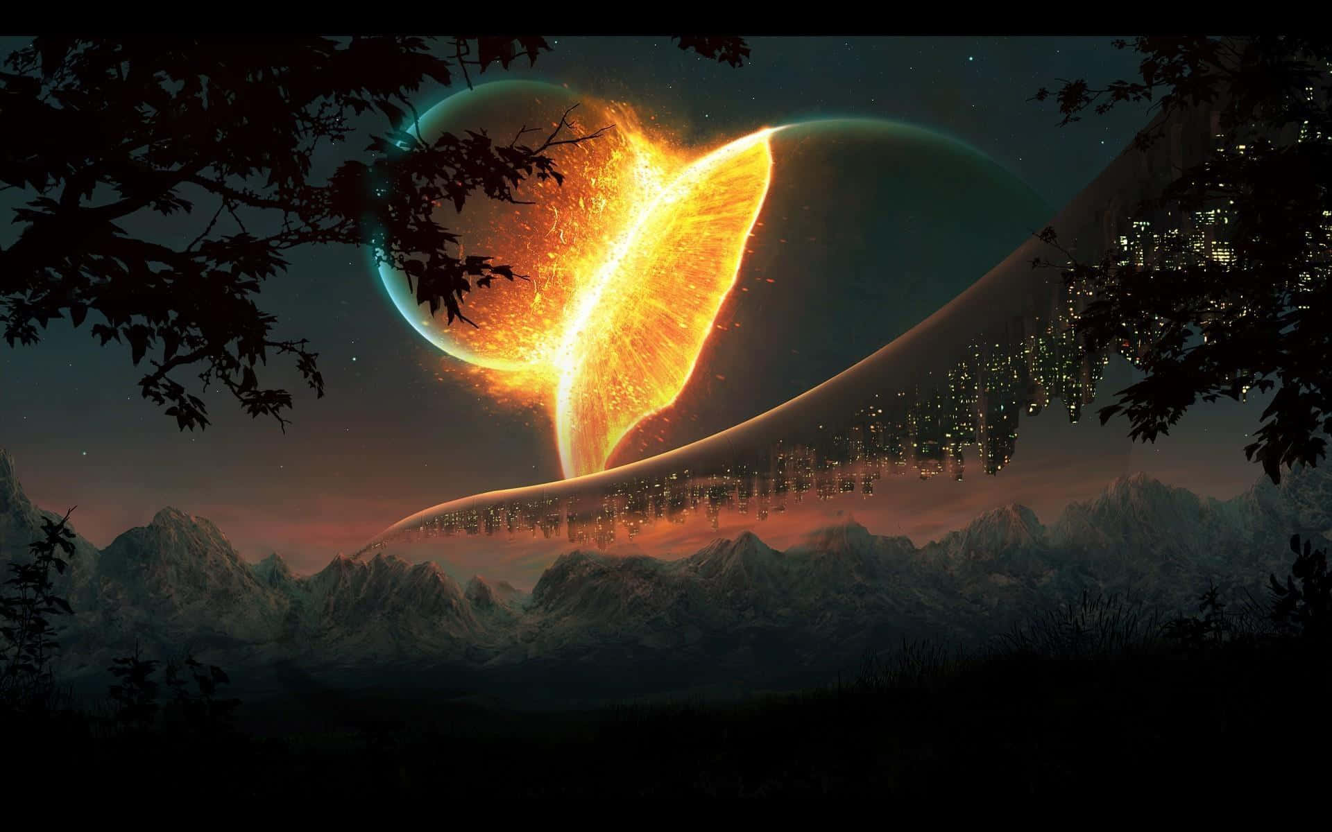 Animated Space 桌布 壁紙 — 一個超現實的宇宙場景，發光的橙色行星在山脈上方裂開，下方有一座漂浮的城市，背景是暮色天空。