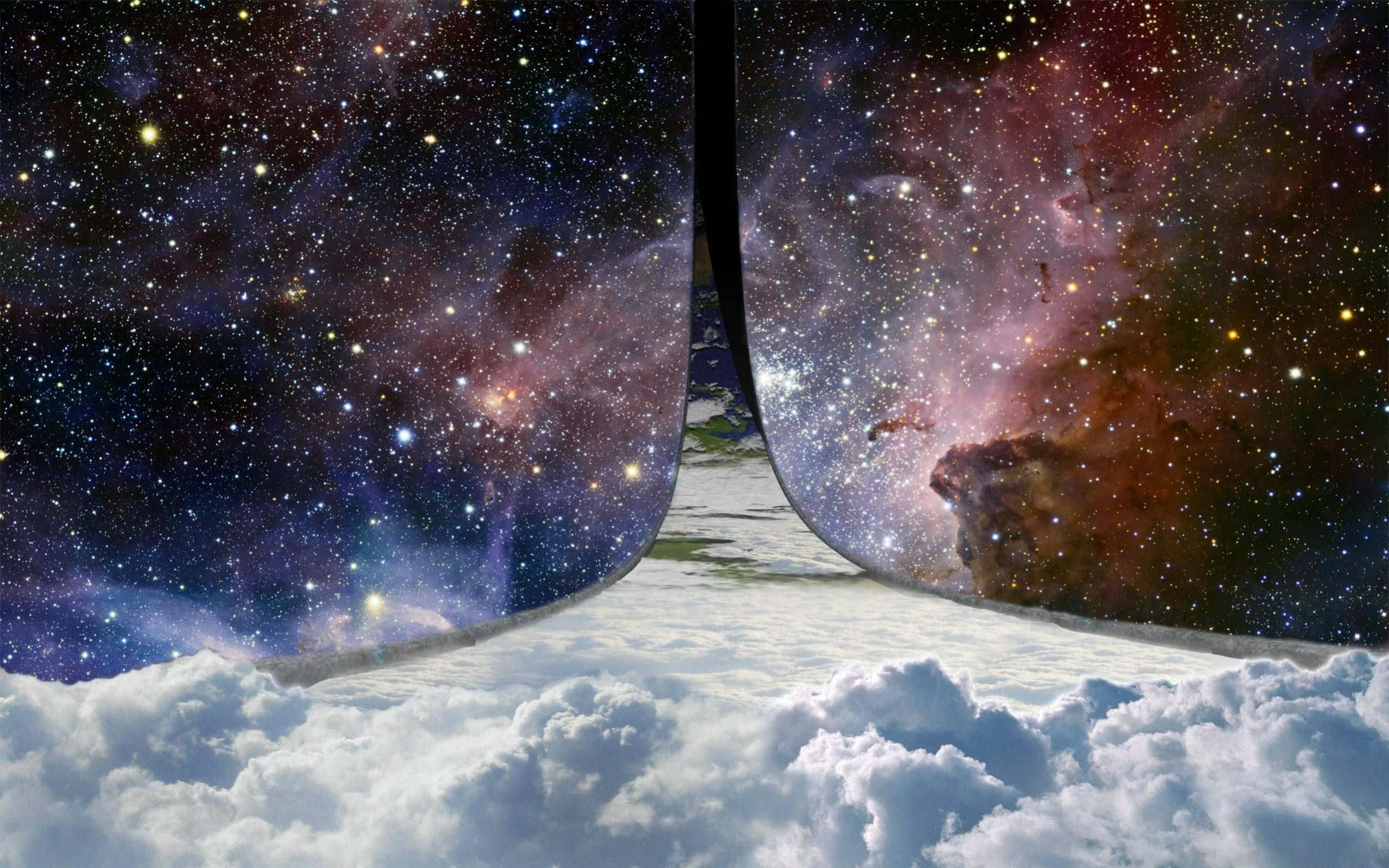 Halo Ring 桌布 壁紙 — 一個超現實的宇宙景觀，星雲在蓬鬆的白雲上方裂開，顯現出一道天際裂縫。