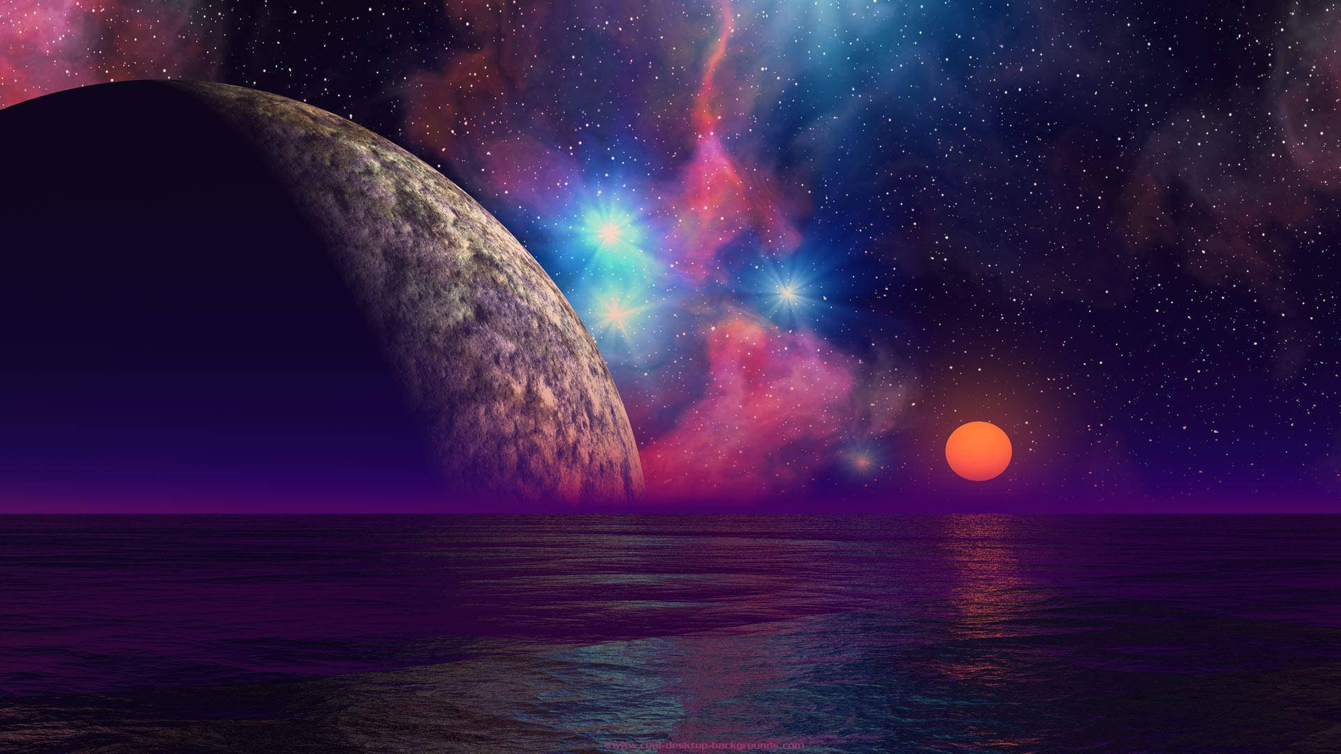  壁紙 — 一個超現實的宇宙海景，有巨大的隕石坑月亮、發光的星雲，以及一顆橙色的夕陽映照在黑暗的水面上。