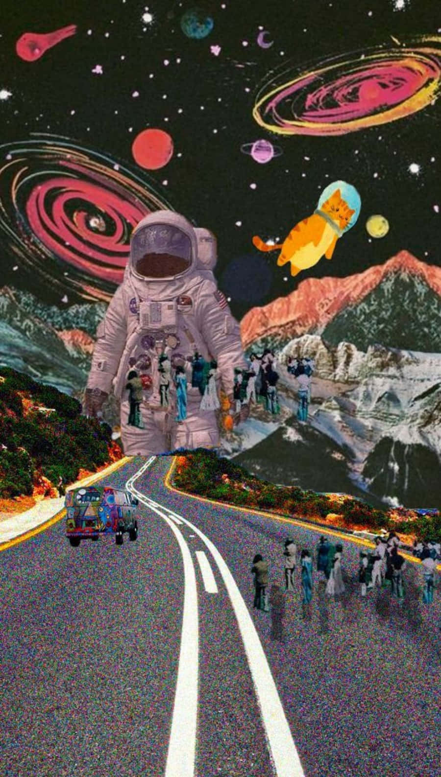 Surrealism 桌布 壁紙 — 一個超現實的宇宙高速公路場景，有巨大的太空人、漂浮的貓咪，以及積雪山脈上方旋轉的星系。