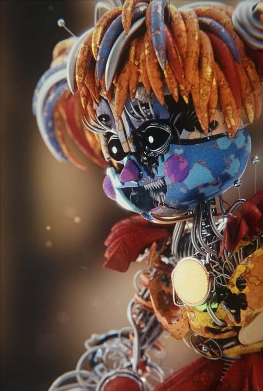 Scrap Baby 桌布 壁紙 — 一個超現實的小丑娃娃，藍色骷髏臉和金屬線，飾有彩色羽毛和別針，背景溫暖模糊。