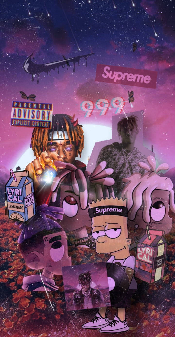 Juice WRLD 桌布 壁紙 — 一個超現實的拼貼畫，以卡通和名人人物為主題，背景是宇宙紫色天空，漂浮著標誌和牛奶盒。