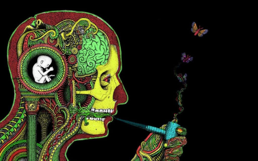 迷幻 桌布 壁紙 — 一個超現實的插圖，一個人頭內有一個胎兒在齒輪中，抽著煙斗，煙霧中飛出蝴蝶，背景為黑色。