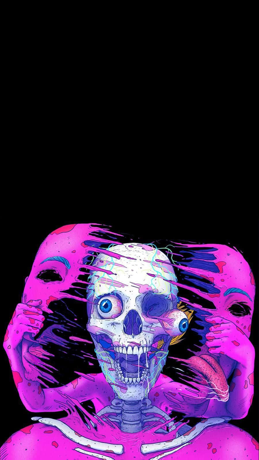 Psychedelic Grunge 桌布 壁紙 — 一個超現實的數位藝術頭骨，帶有發光的藍色眼睛和粉紫色油漆飛濺，被兩個幽靈般的面孔擁抱在黑色背景上。