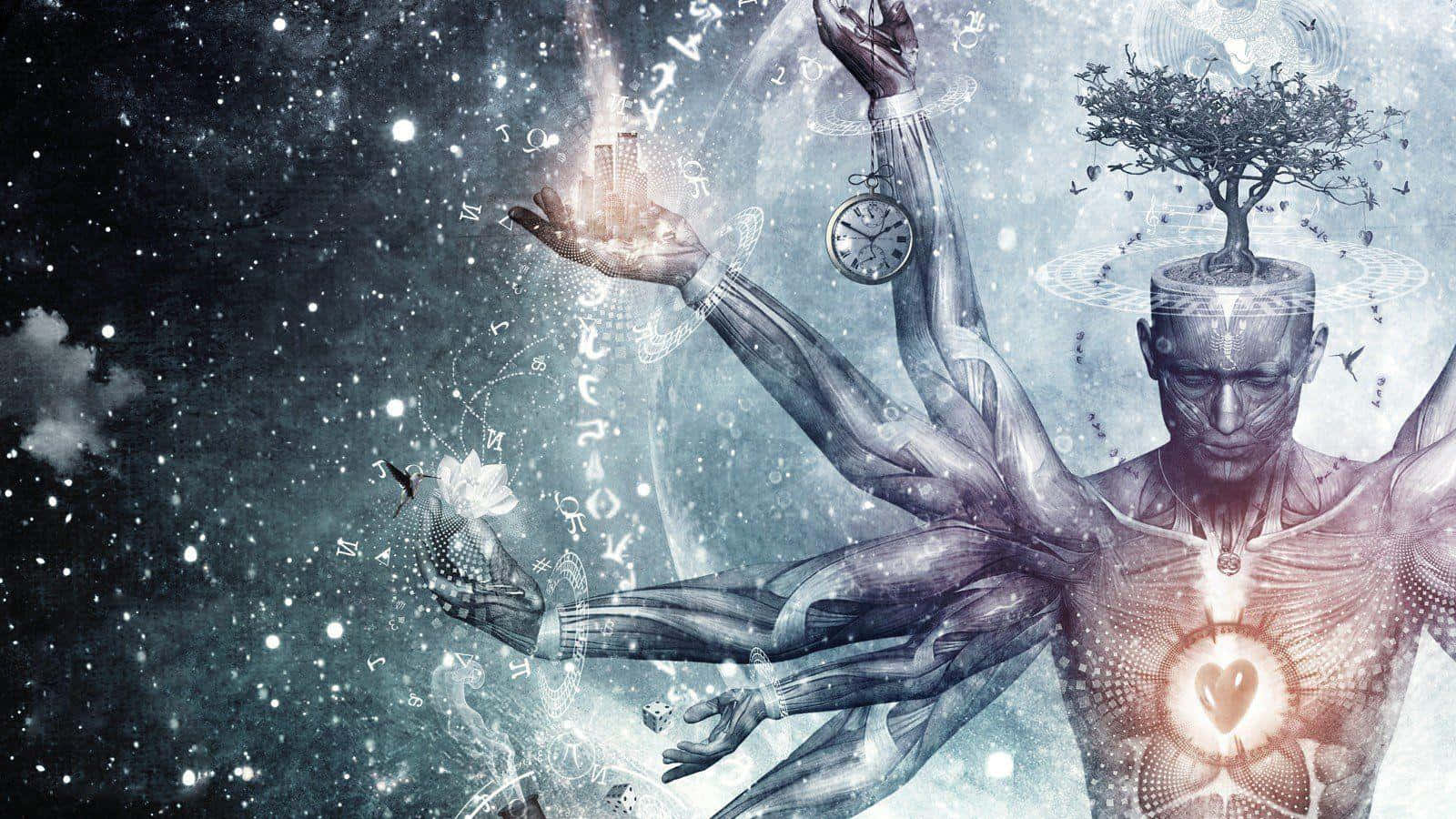 Spirituality 桌布 壁紙 — 一個超現實的數碼藝術人物，擁有多條手臂，在星光燦爛的宇宙背景下手持時鐘和發光心臟等象徵物。