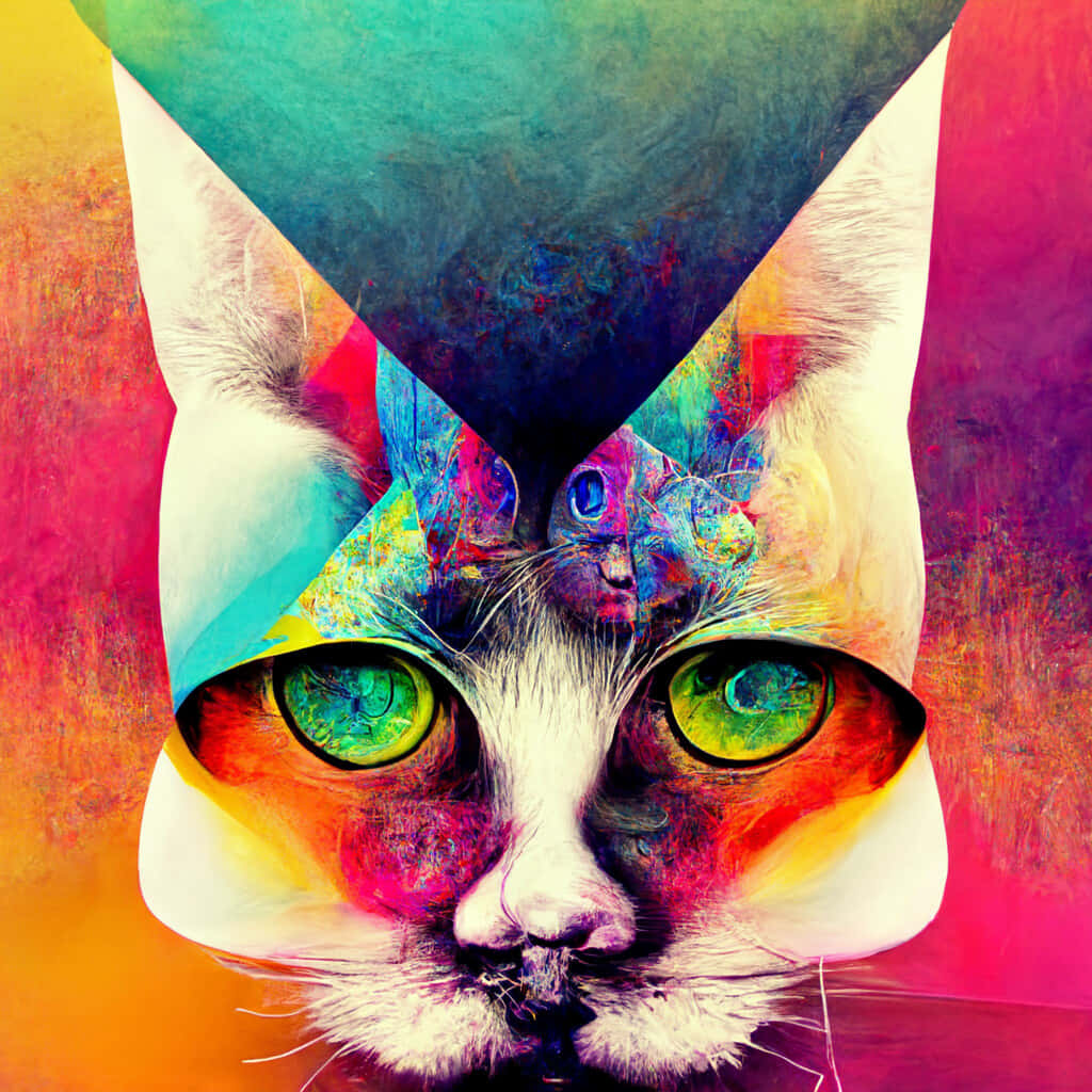 Psychedelic Animals 桌布 壁紙 — 一個超現實的數碼藝術貓臉，帶有鮮豔的抽象色彩和發光的綠色眼睛，背景為紋理豐富的多色背景。