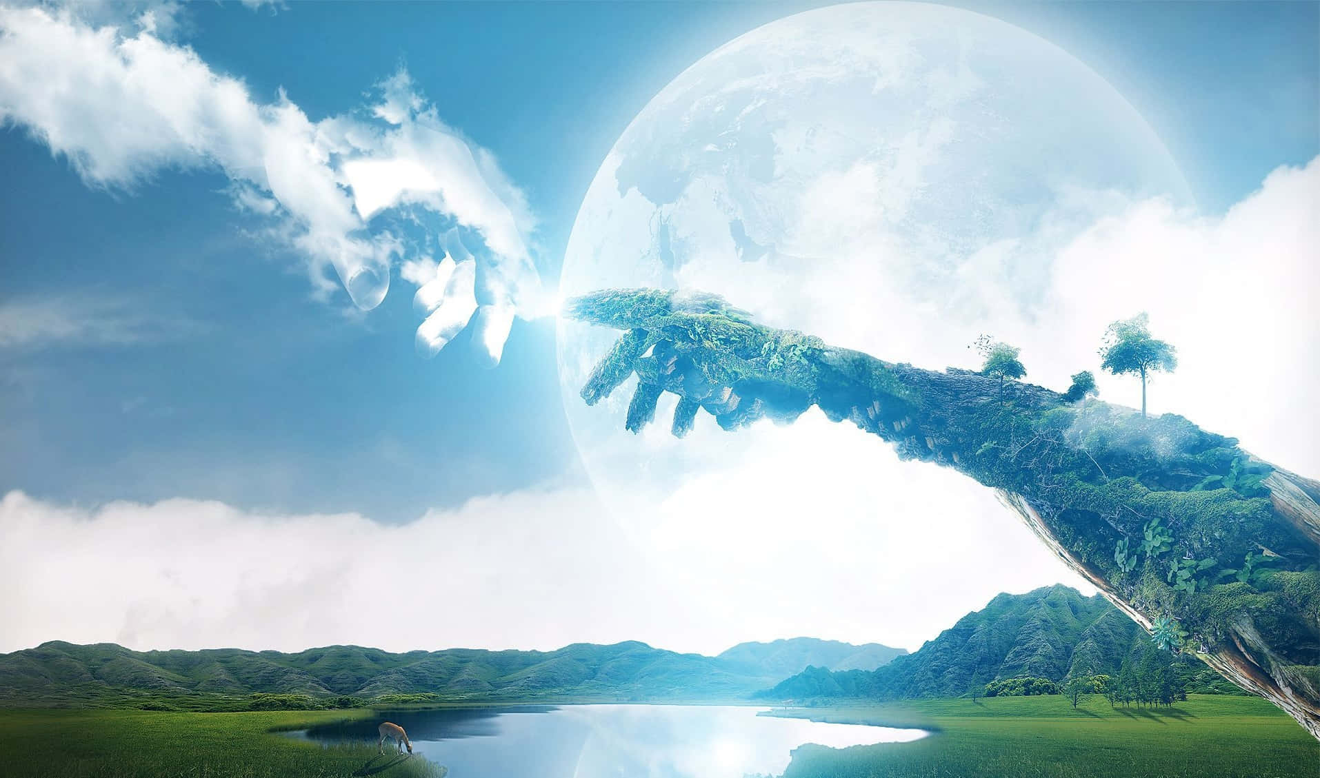 Surrealism 桌布 壁紙 — 一個超現實的景觀，一隻巨手從行星中伸出，在寧靜的湖泊和起伏的山丘上托著一朵雲。
