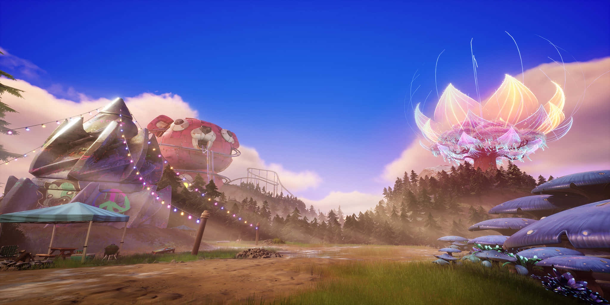 Fortnite Chapter 3 桌布 壁紙 — 一個超現實的景觀，有發光的粉紅色和紫色外星結構，以及在暮色天空下一個異想天開的漂浮花朵狀物體。