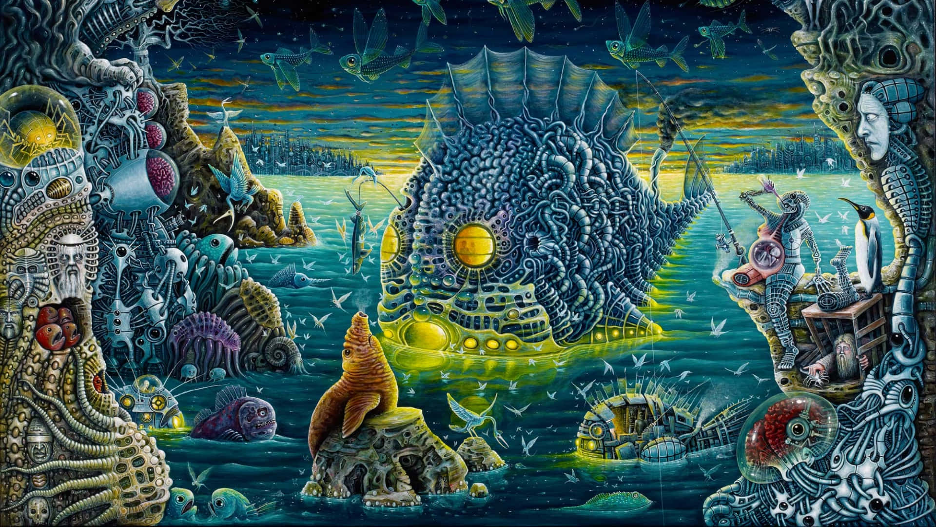 Trippy Animals 桌布 壁紙 — 一個超現實的水下奇幻場景，有一條巨大的機械魚、發光的生物和一個在岩石露頭上的音樂家。