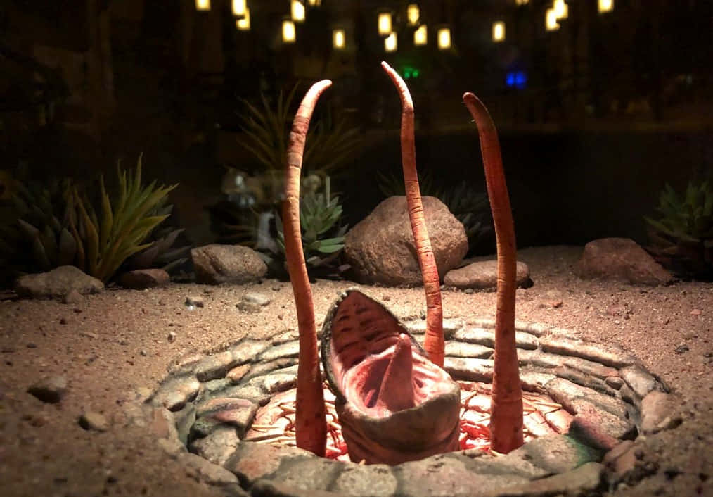 Sarlacc 桌布 壁紙 — 一個超現實的沙漠場景，特寫一個張開大嘴的巨型生物，有三條長觸手從石圈中伸出，在溫暖發光的燈光下。
