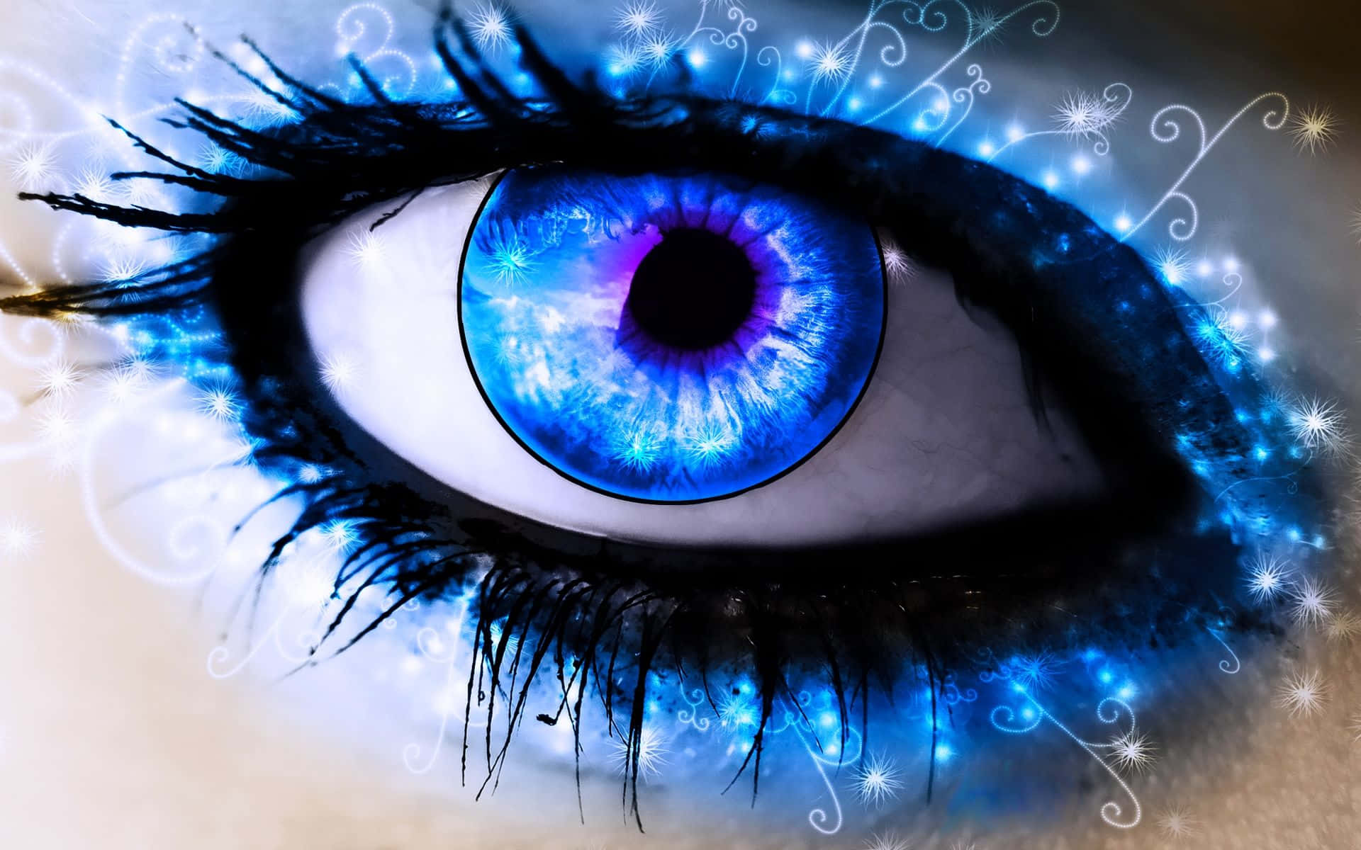 Eye 桌布 壁紙 — 一個超現實的特寫，展現一隻迷人的藍色眼睛，閃爍著電光火花和旋轉的光效。