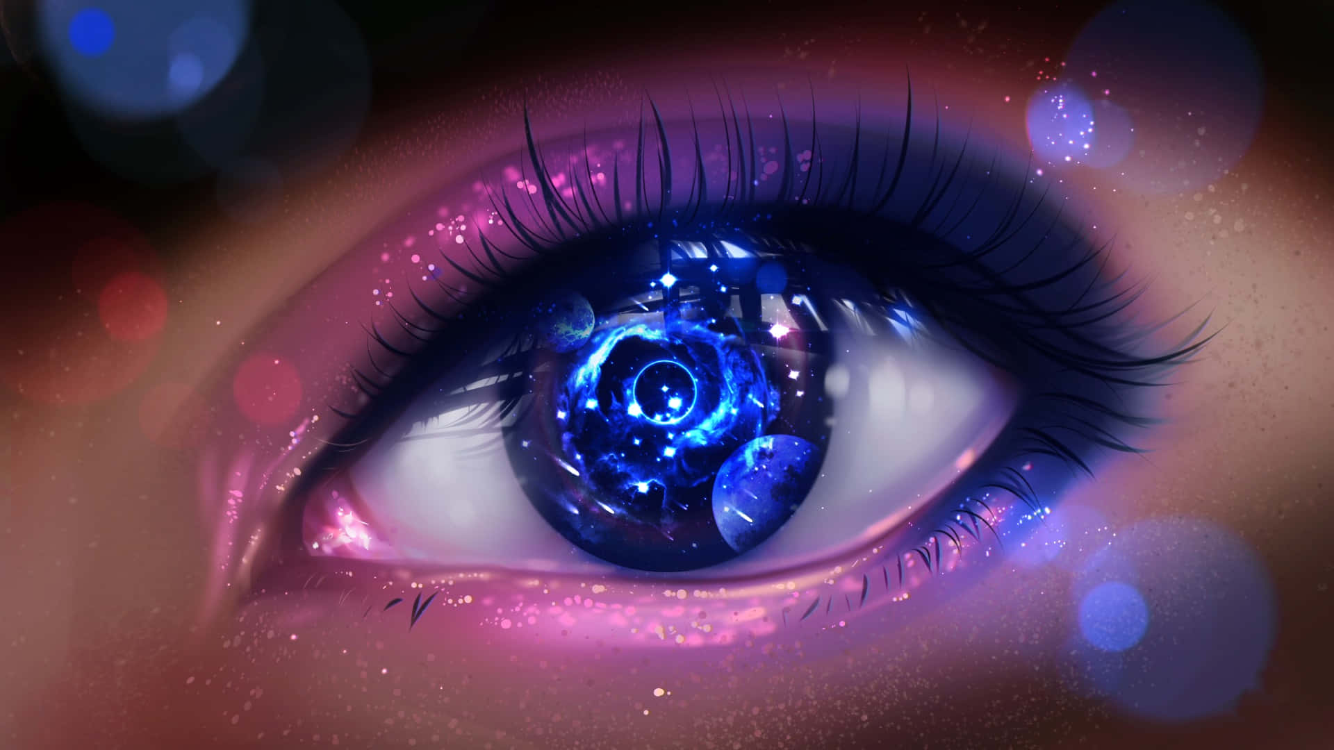 Eye 桌布 壁紙 — 一個超現實的眼睛，虹膜中旋轉著宇宙藍色星系，周圍環繞著發光的粉紅色和紫色散景燈光。