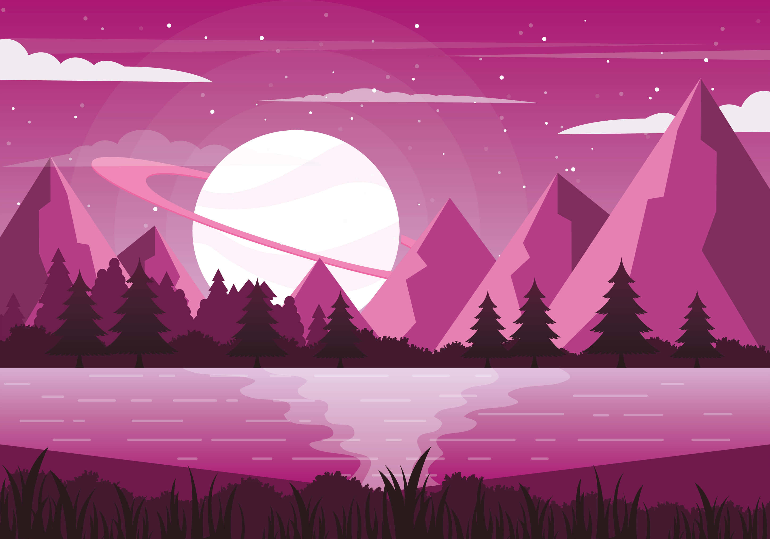 vector 桌布 壁紙 — 一個超現實的紫色景觀，有尖銳的山脈、松樹和一個發光的環狀行星懸掛在平靜的湖面上，背景是星空。