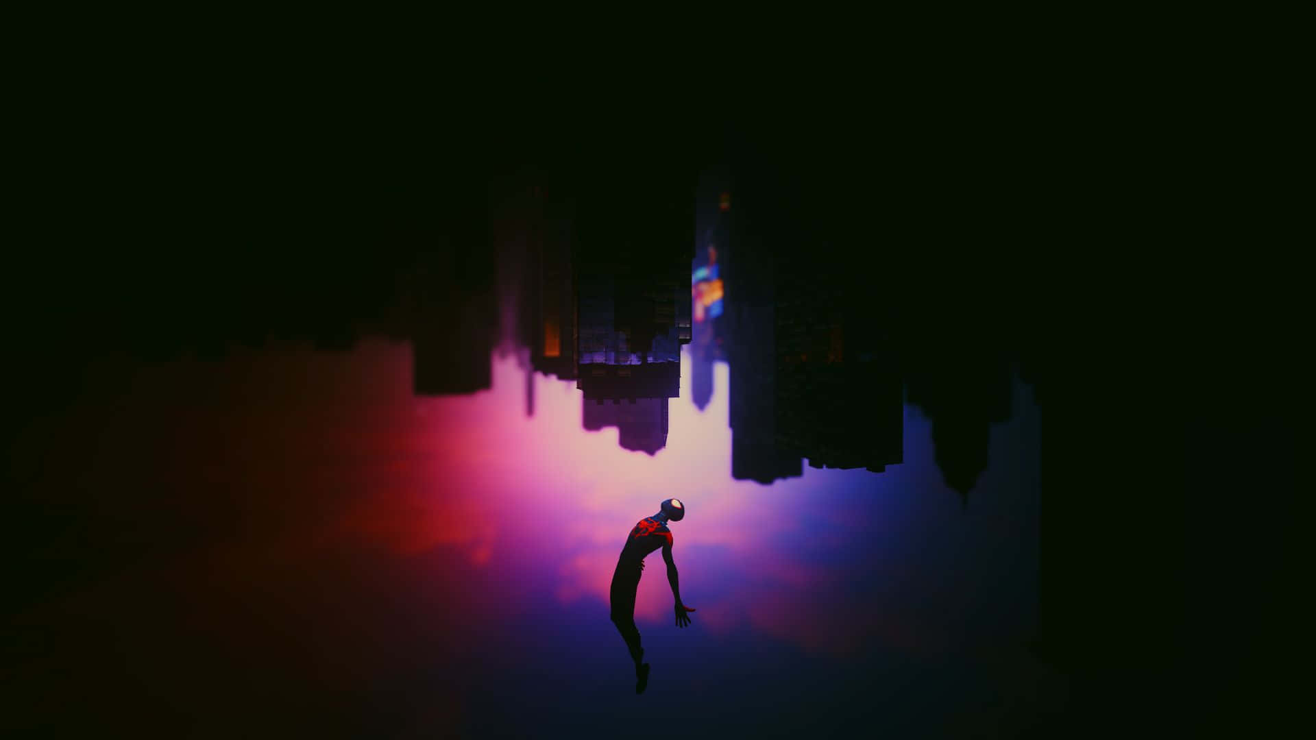 Miles Morales 動漫 桌布 壁紙 — 一個超級英雄剪影在夜晚漂浮在發光的倒置城市景觀之上，帶有鮮豔的紫色和粉紅色調。