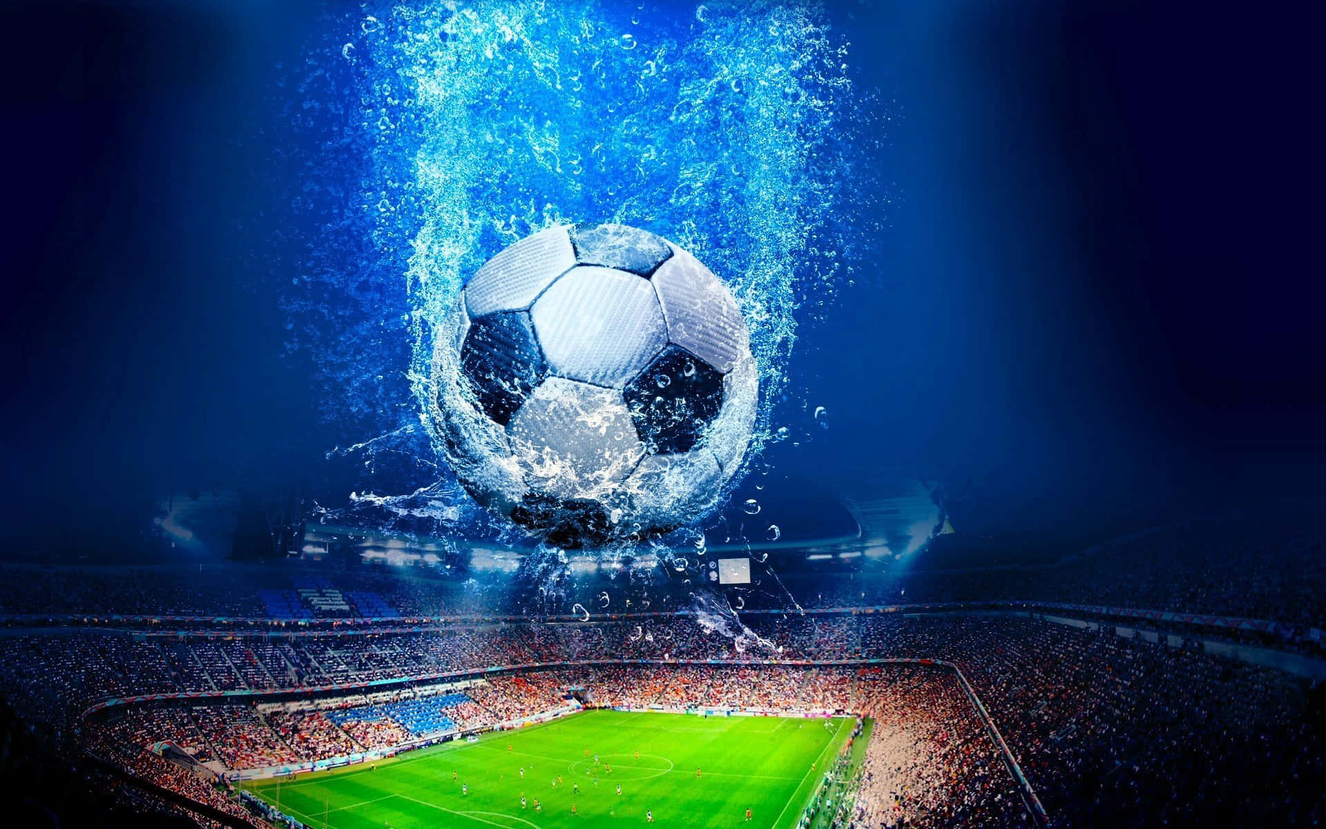 3d Sports 桌布 壁紙 — 一個足球衝破水面，出現在一個座無虛席的體育場上方，球場綠草如茵，球迷在戲劇性的藍色燈光下歡呼。