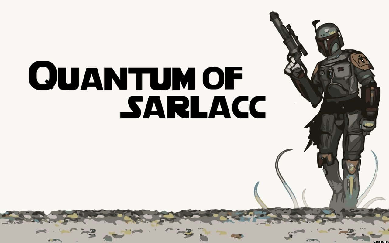 The Sarlacc Pit 桌布 壁紙 — 一個身穿全套盔甲的曼達洛戰士站在岩石沙漠地面上，手持爆能槍，地面升起觸手。